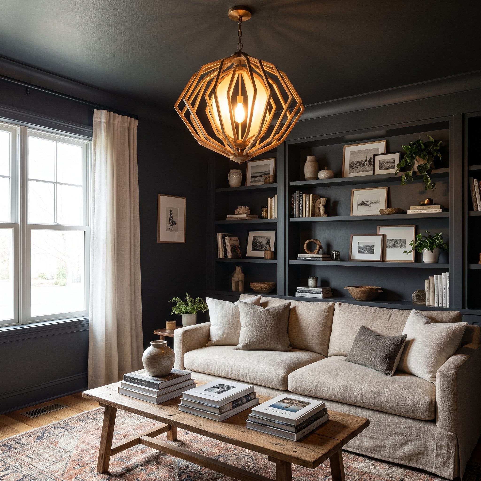 Living room with charcoal-green walls and ceiling painted the same color