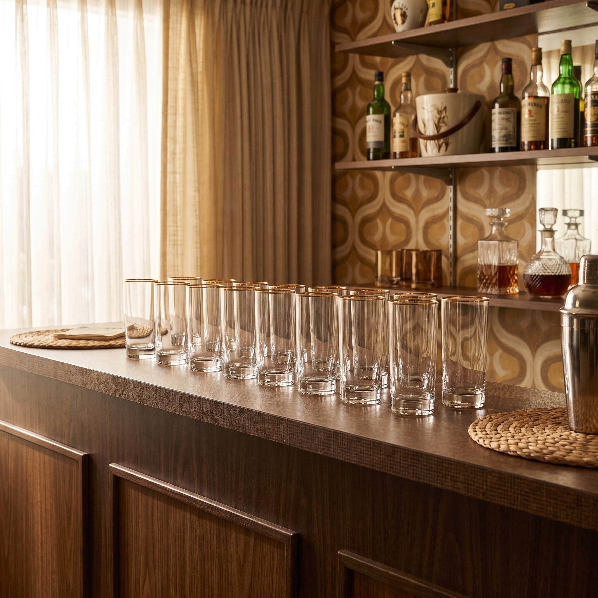 Tall Highball and Collins Glasses Lined Up Behind the Bar