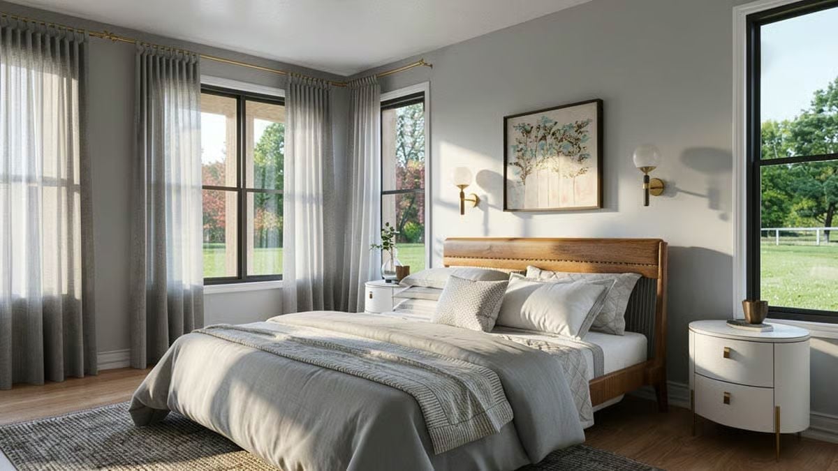 Brass Wall Sconces Flanking the Headboard Beat a Bedside Lamp Every Time