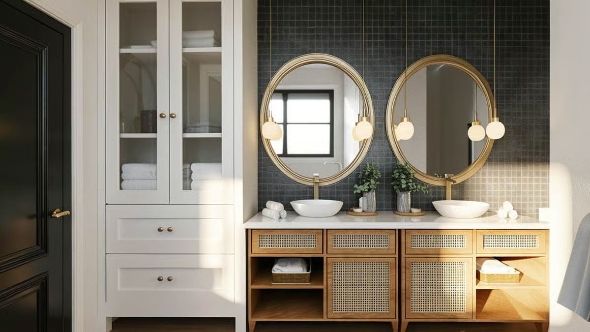 Rattan Cabinet Fronts and Vessel Sinks Deserve More Credit Than the Mirrors