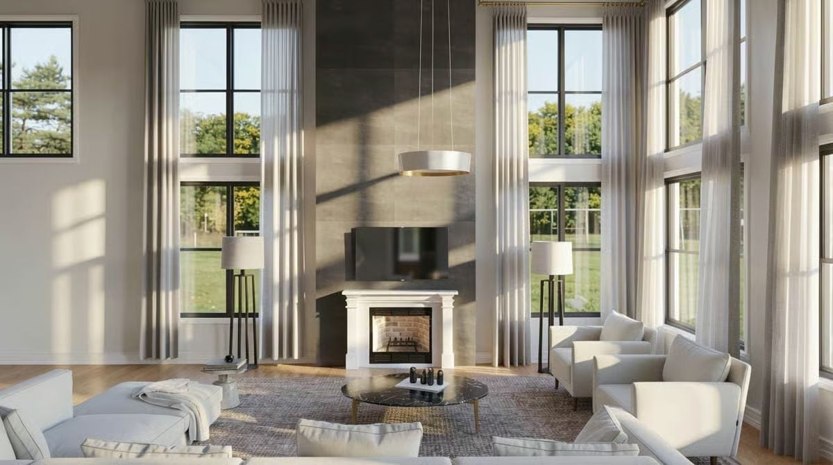 Sheer Curtains Floor-to-Ceiling Do More Work Than the Fireplace