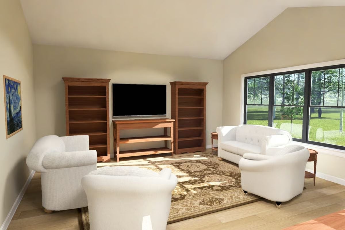 Warm Wood and White Upholstery Doing the Heavy Lifting