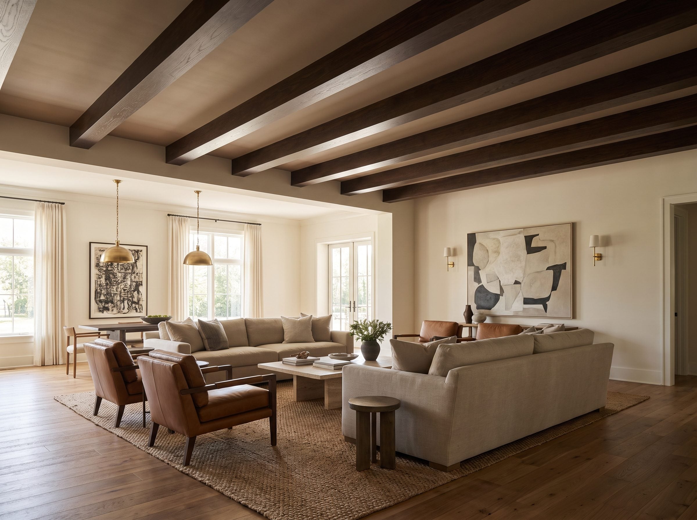 Great room with a taupe ceiling crossed by five evenly spaced espresso-brown beams above two facing sofas and a stone coffee