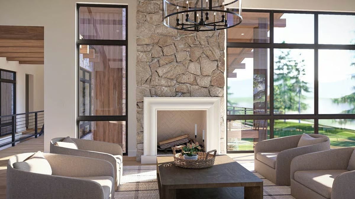 Stone Fireplace Surround Climbs Two Stories Without Asking Permission