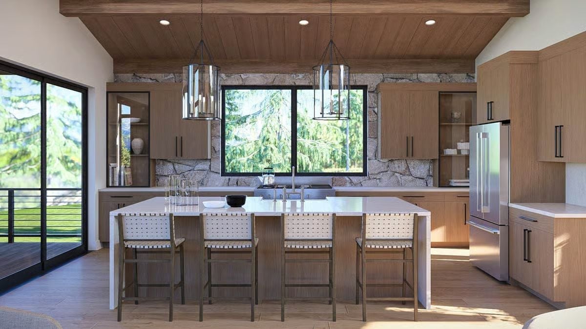 Woven Leather Bar Stools and a Stone Backsplash That Actually Earned Its Place