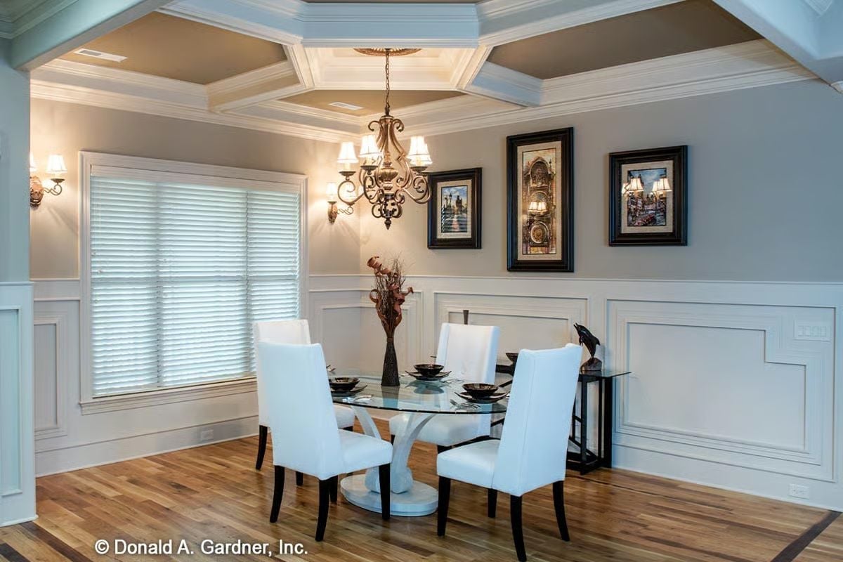 Coffered Ceiling, Glass Table, White Leather — Dining Rooms Don't Get More Committed Than This
