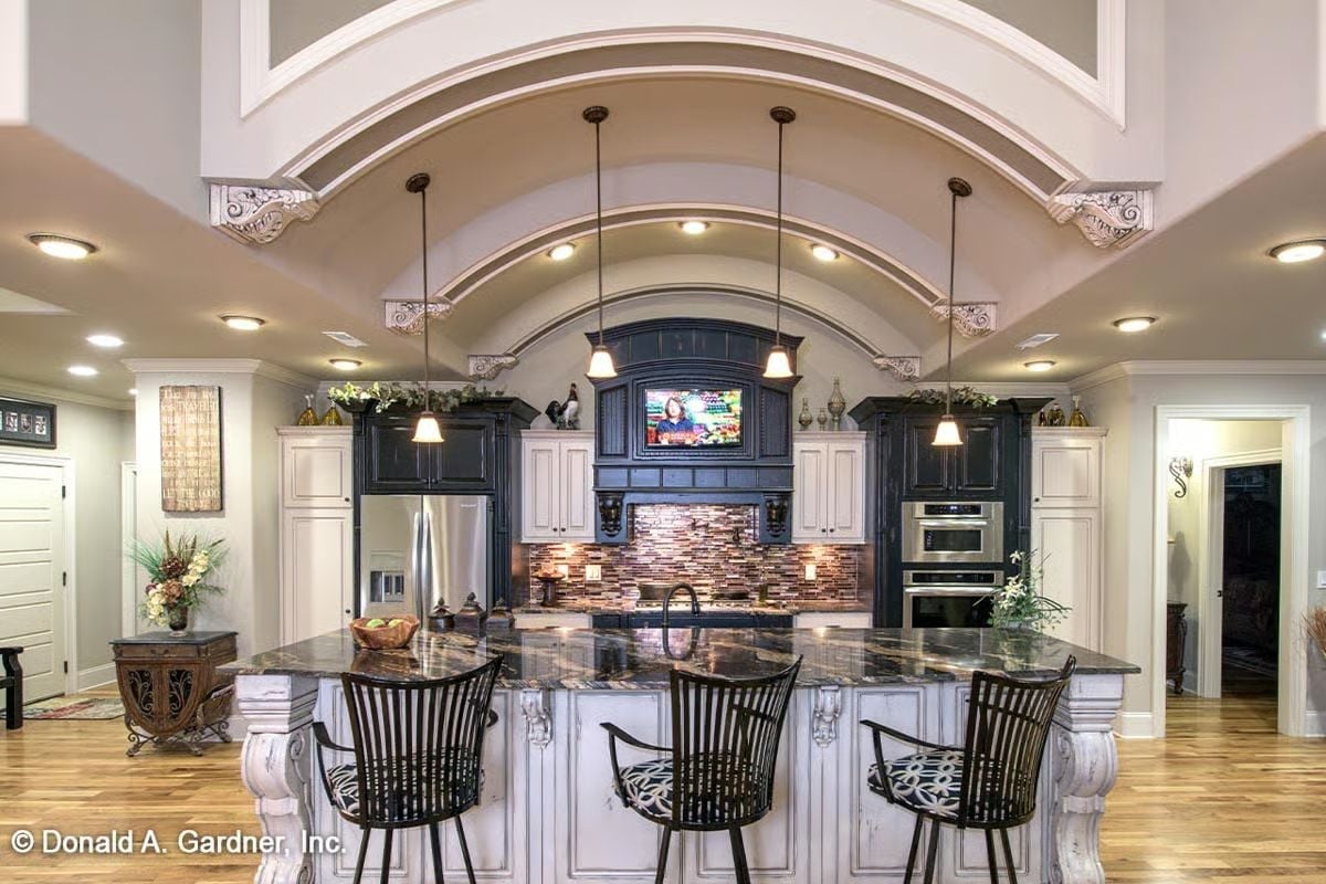 Groin Vault Ceiling, Corbels, and a TV Above the Range Hood Because Why Not