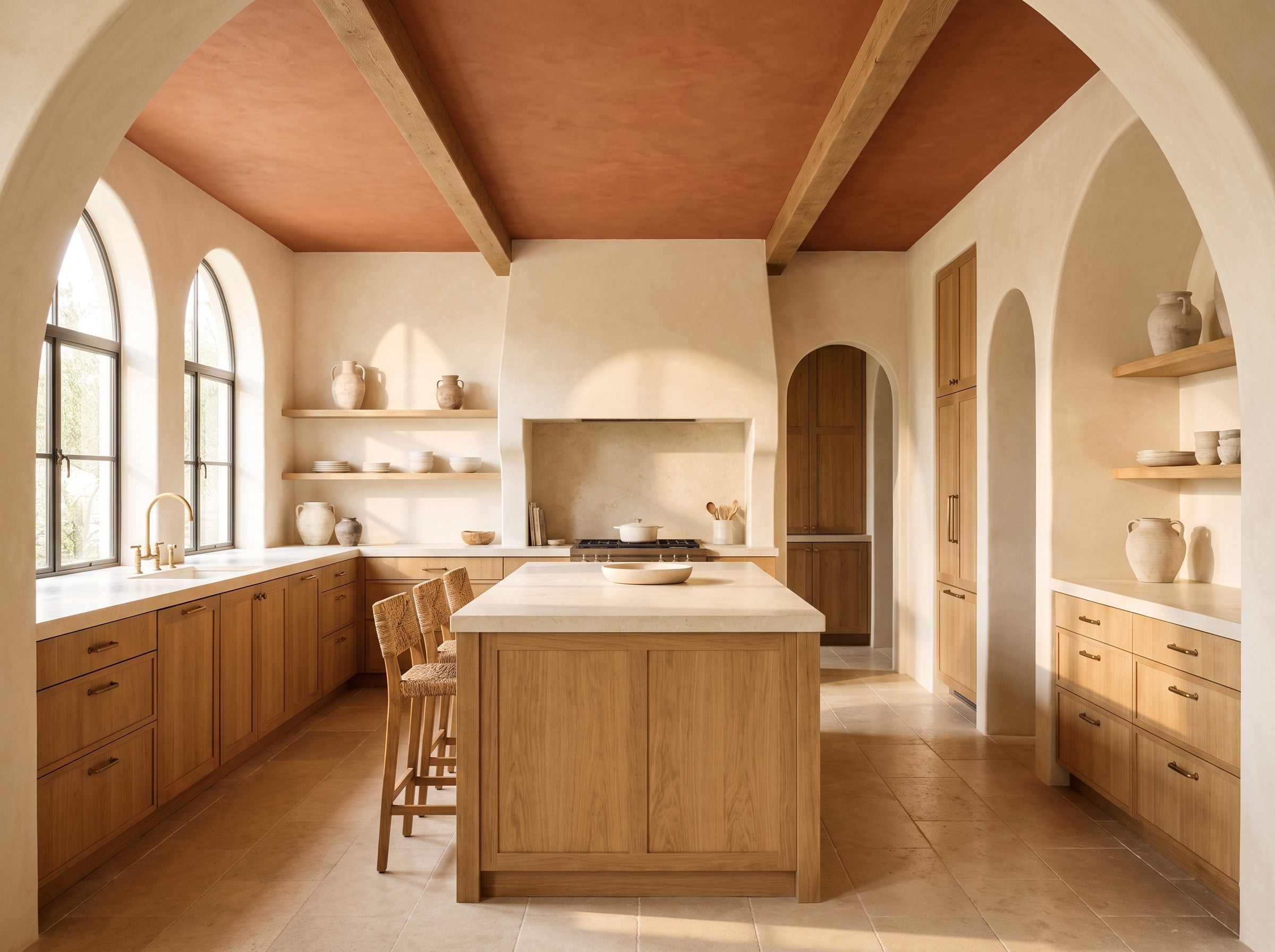 Mediterranean kitchen with a terracotta-painted flat ceiling meeting limewashed cream plaster walls above an oak island with