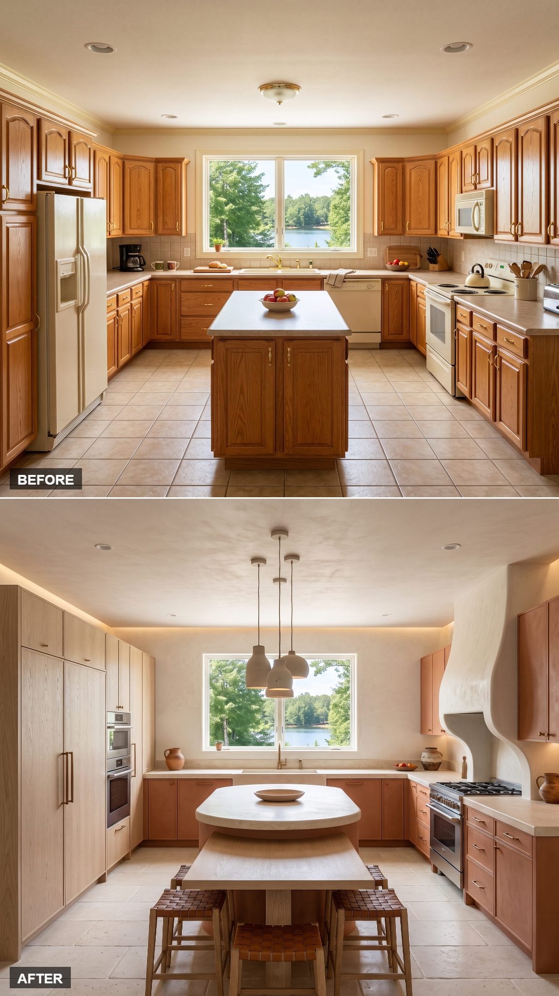Mediterranean-inspired kitchen featuring warm terracotta tones and natural oak cabinetry