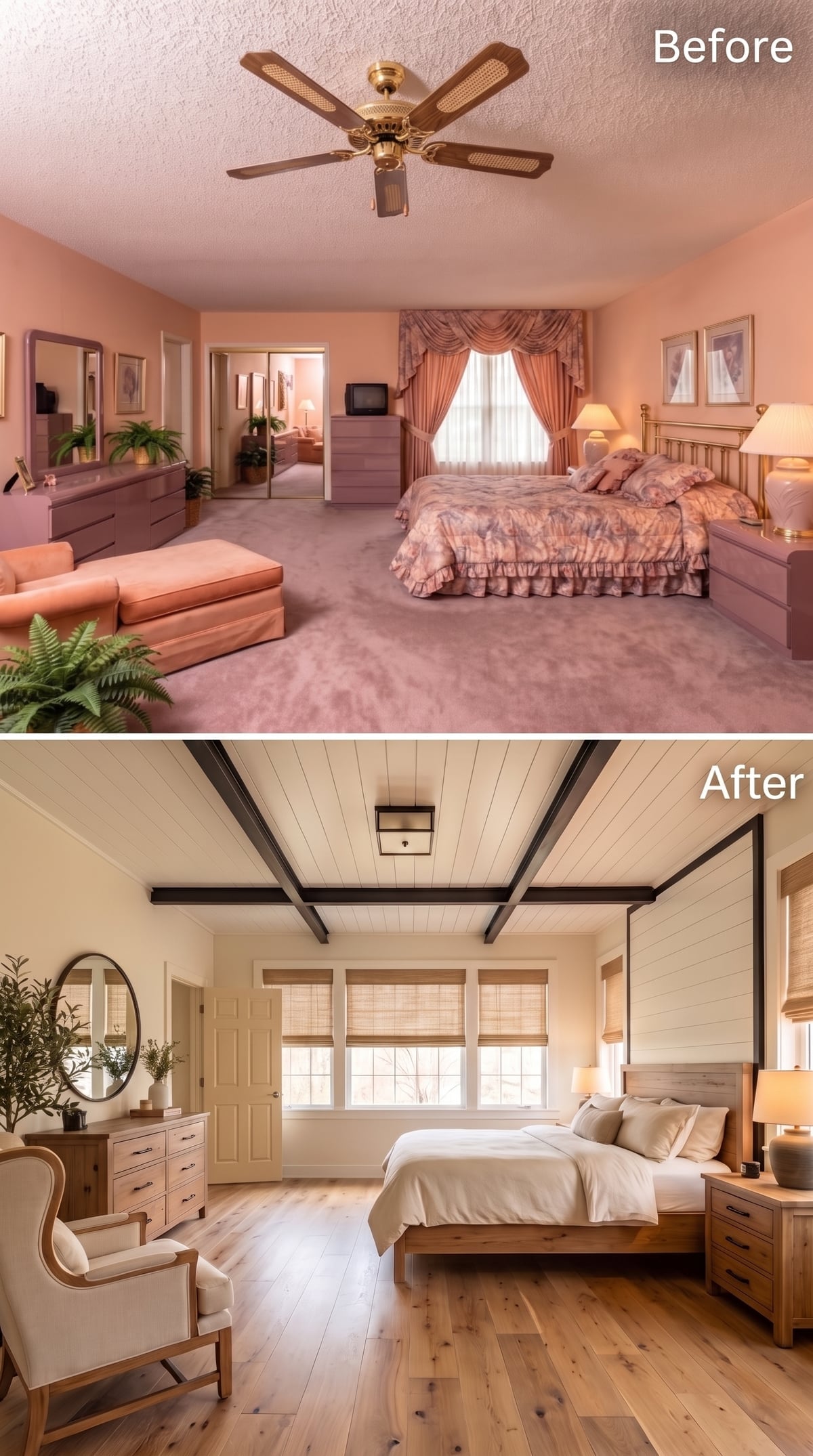 Black Ceiling Beams and Shiplap Overhead Give a Bedroom Room to Breathe