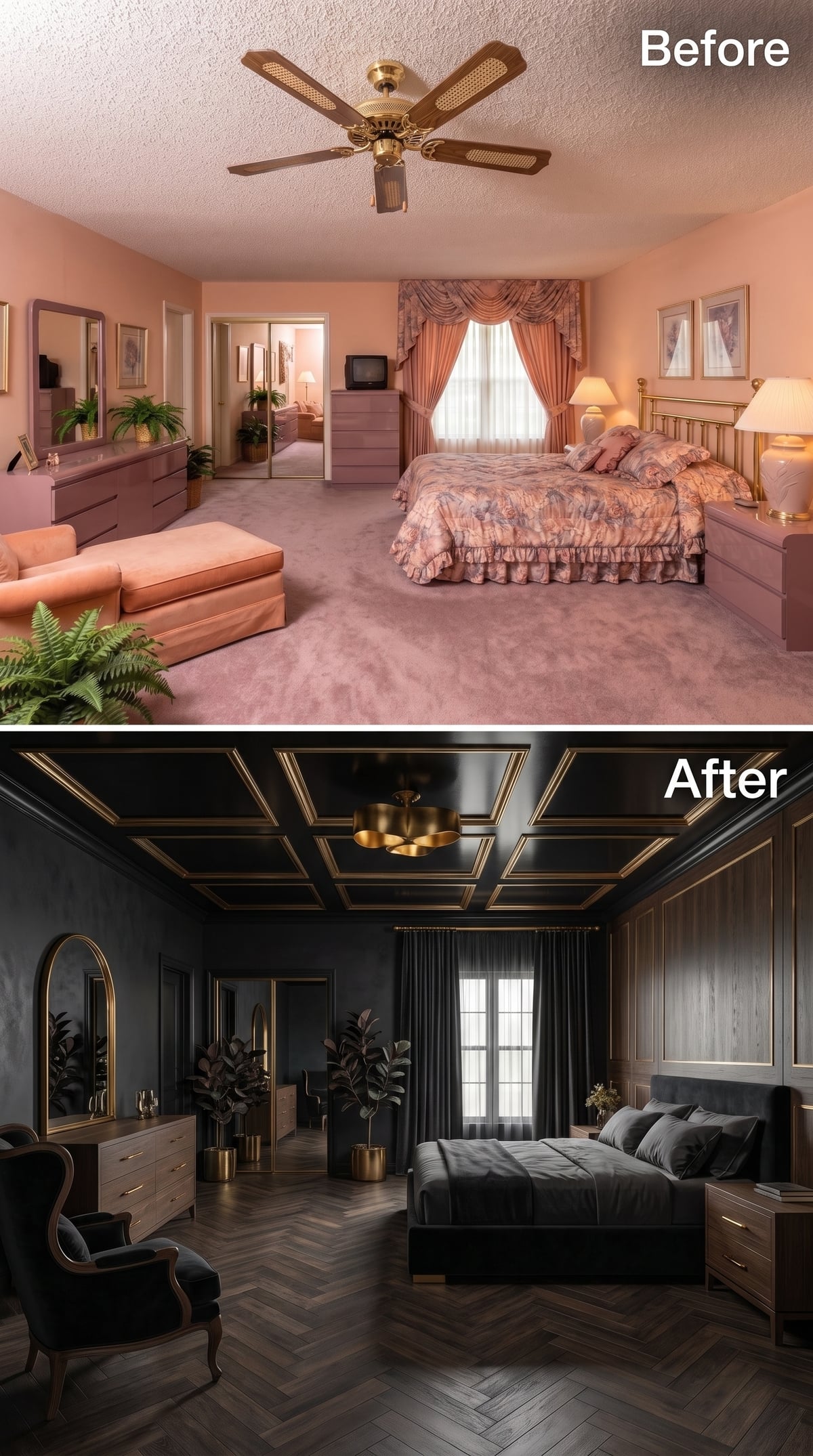 Black Coffered Ceiling and Herringbone Parquet Give a Bedroom Its Own Gravity