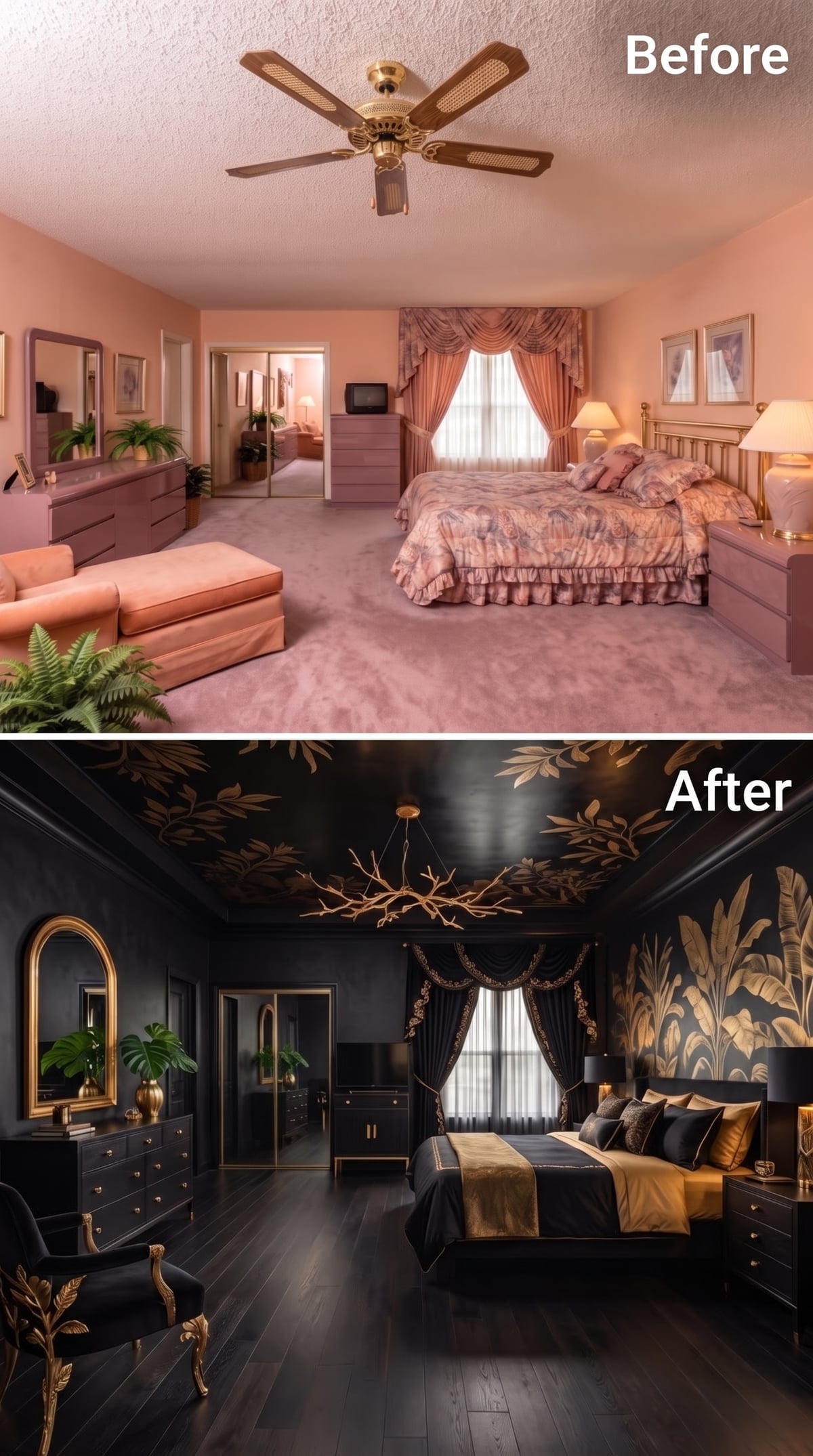 Black Walls, Gold Botanicals, and Dark Hardwood Pull a Bedroom Into Pure Drama