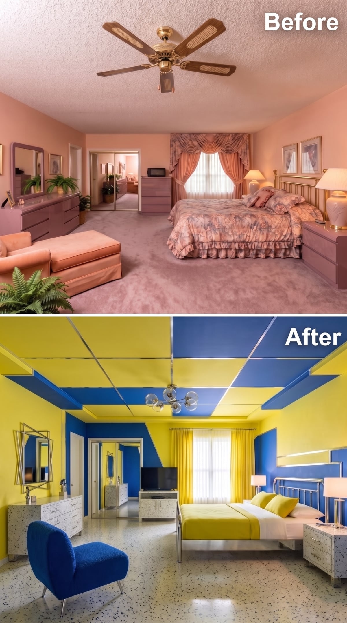 Bold Yellow and Cobalt Turn a Bedroom Ceiling Into the Room's Loudest Statement