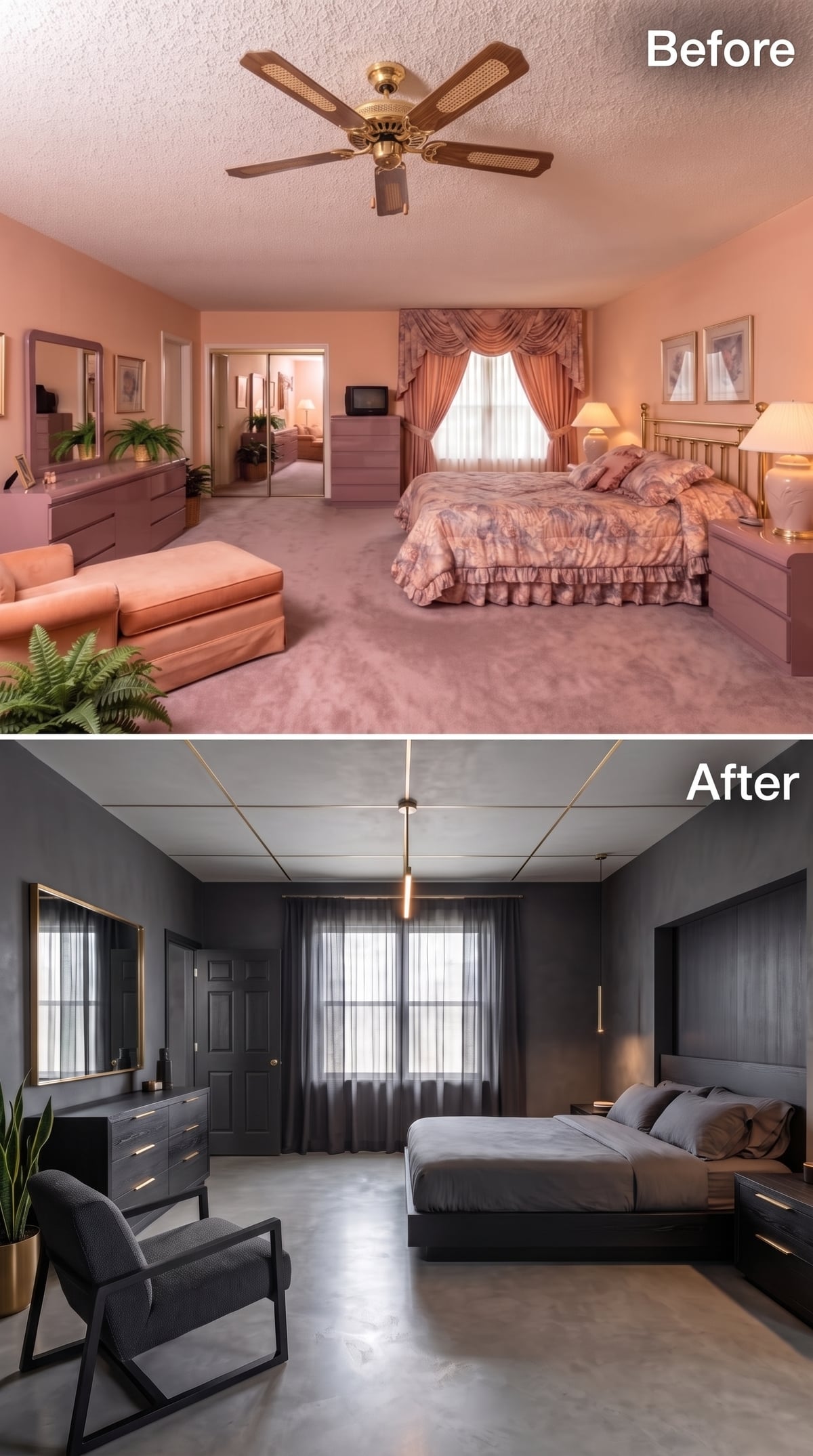 Charcoal Walls and Concrete Floors Rebuild a Bedroom Around Controlled Drama