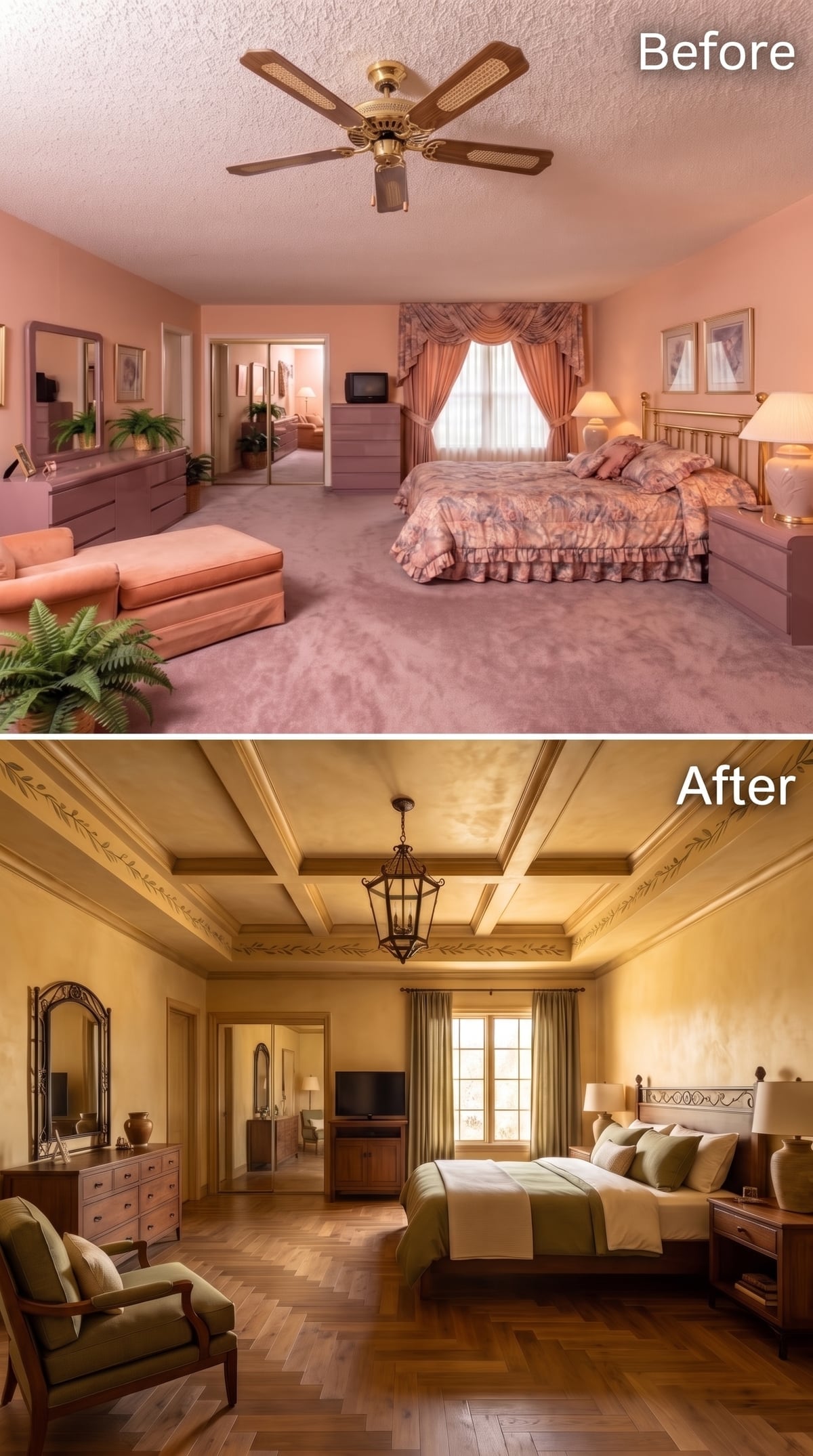 Coffered Ceiling and Herringbone Parquet Pull a Bedroom Into Tuscan Territory
