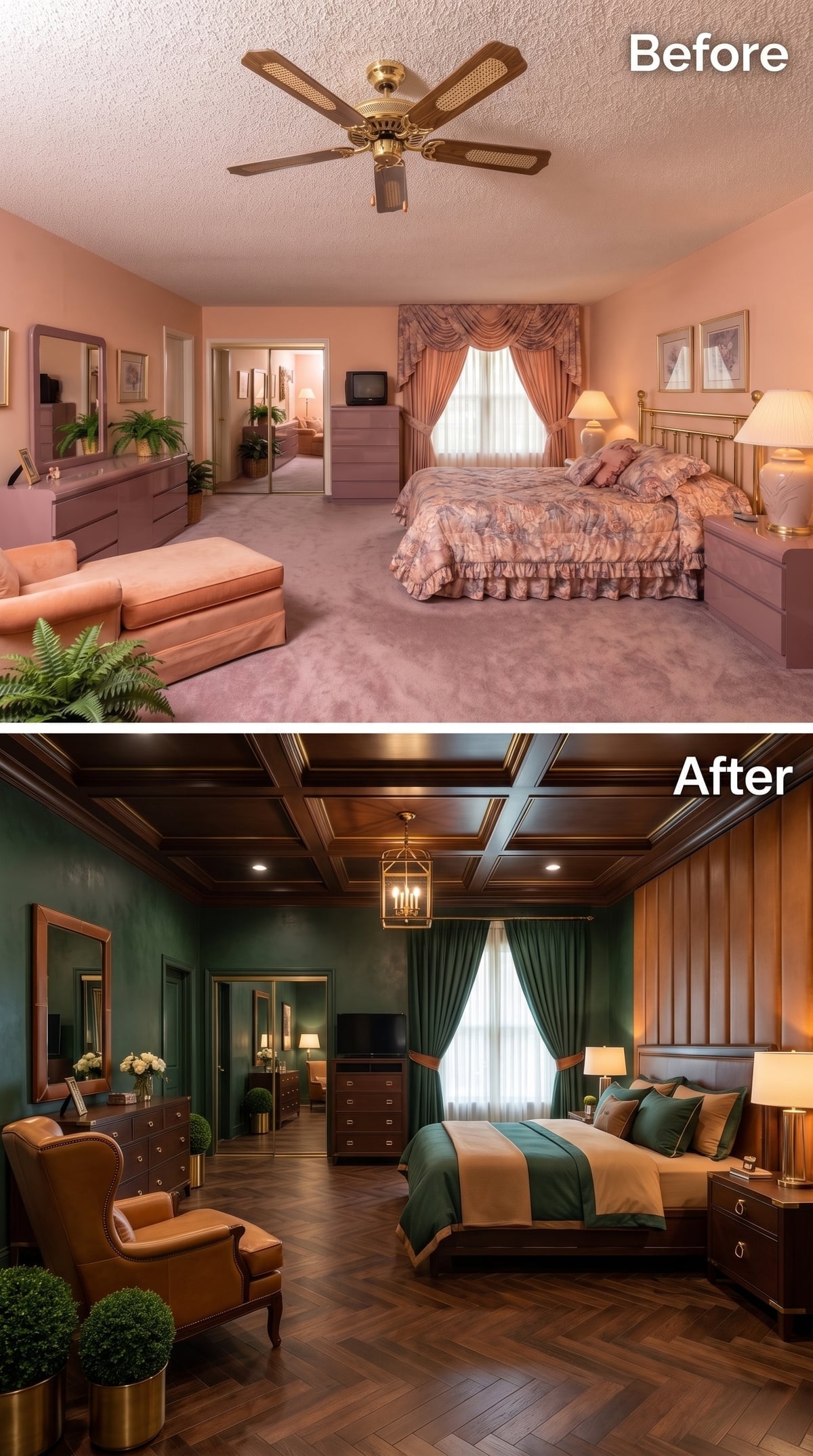 Coffered Wood Ceiling and Forest Green Walls Give a Bedroom Serious Atmosphere