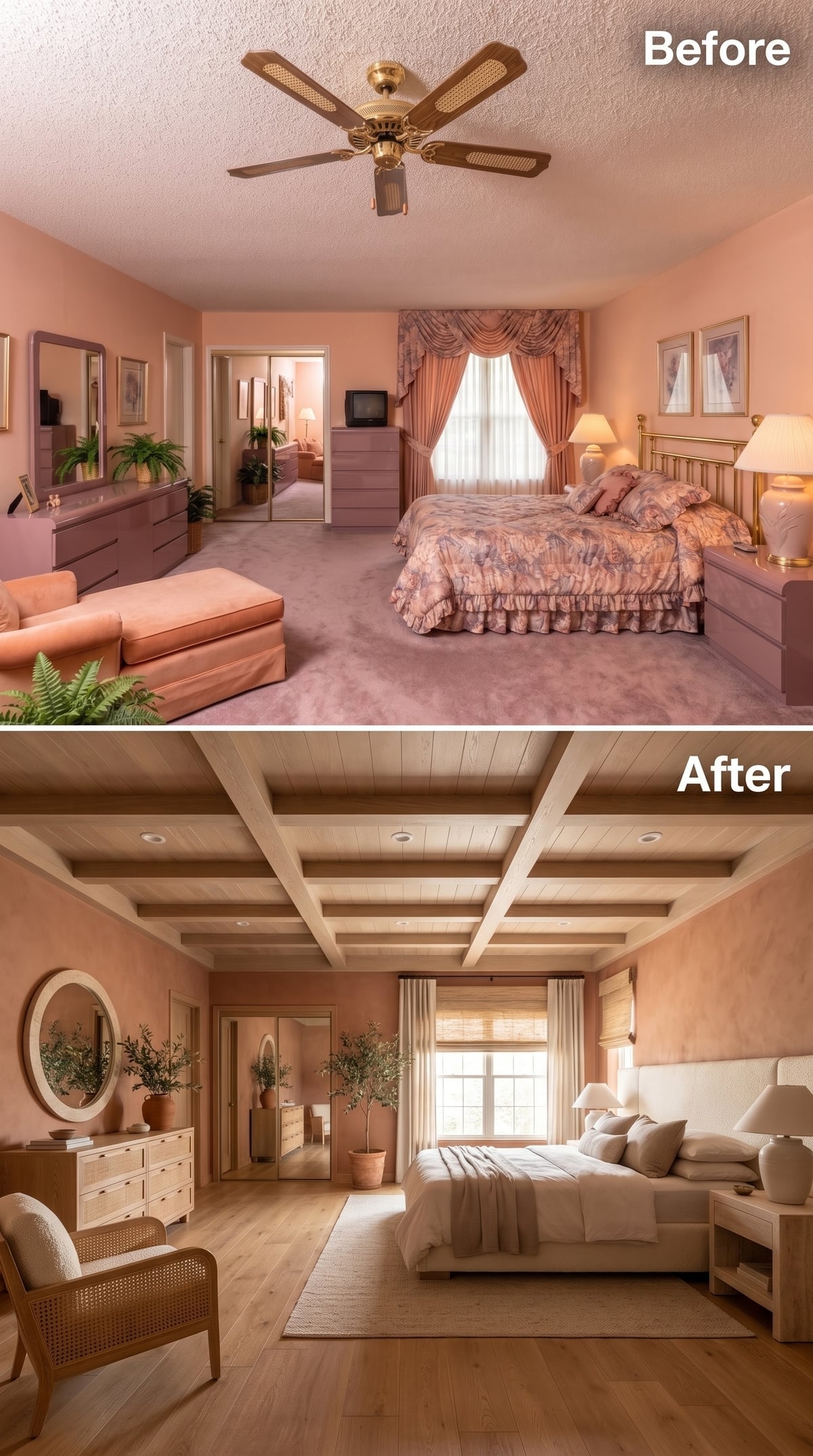 Coffered Wood Ceilings and Warm Plaster Walls Redefine a Once-Dated Master Suite