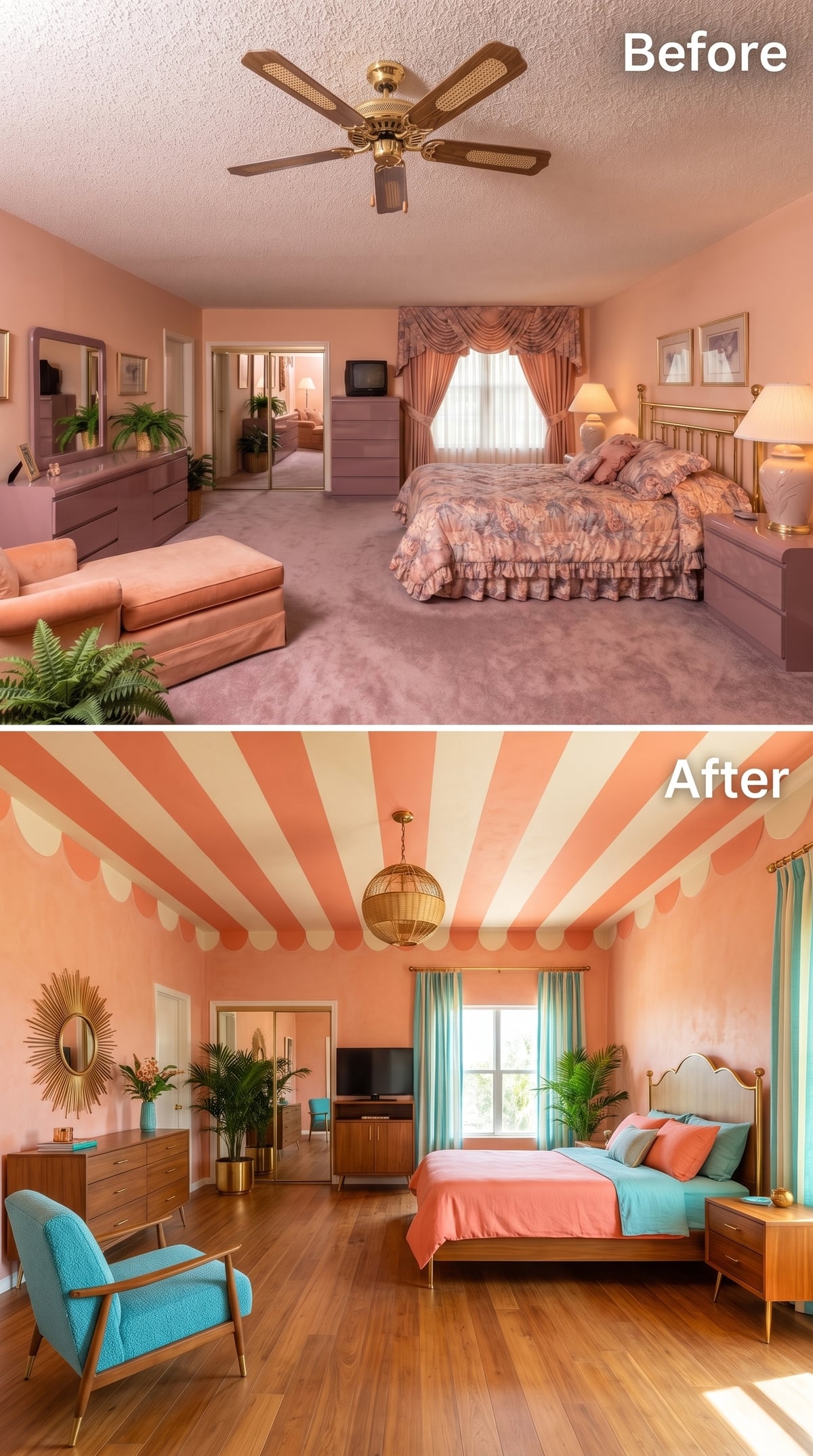 Coral Walls, Striped Ceiling, and Teal Accents Push This Bedroom Into Resort Territory
