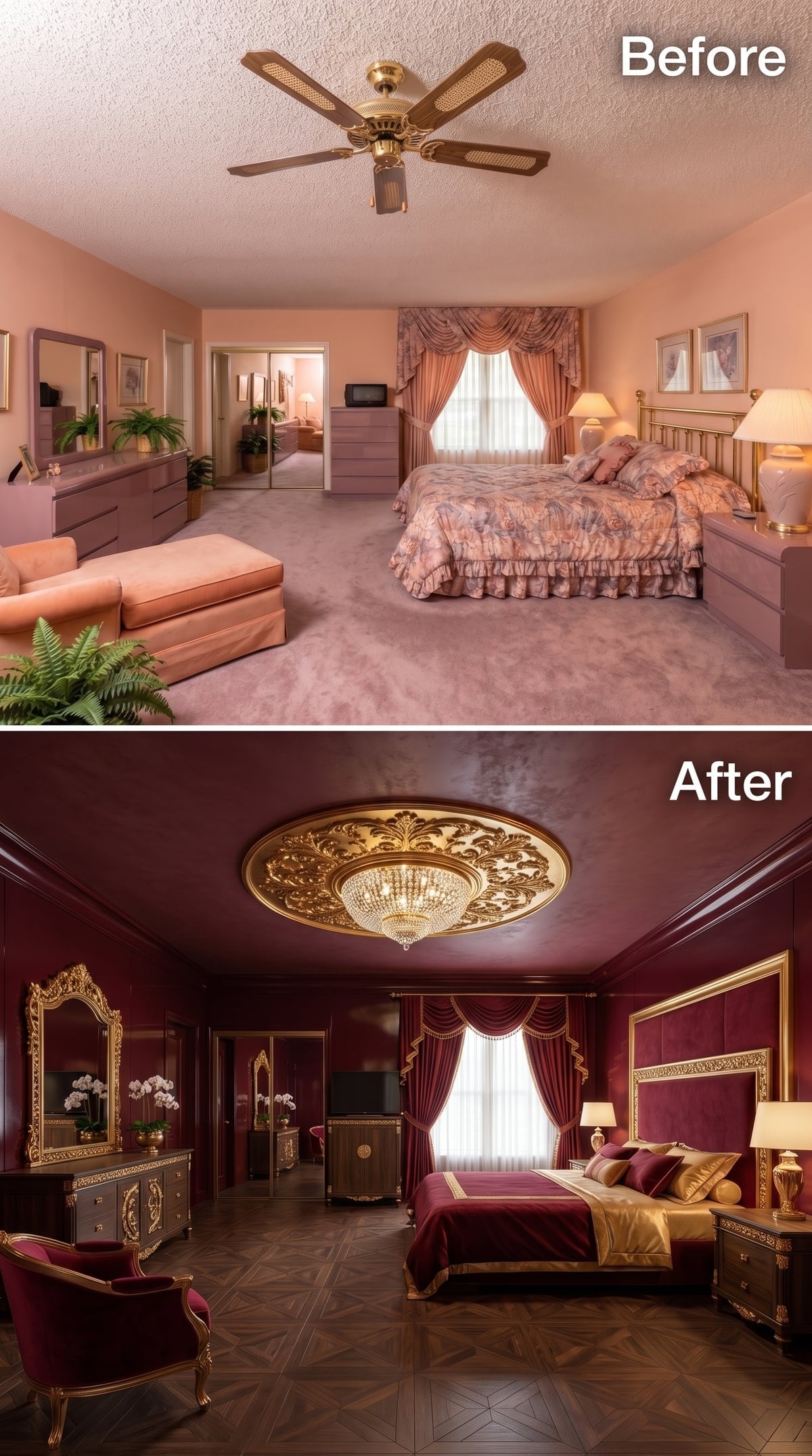 Crimson Lacquer Walls and a Gold Medallion Ceiling Pull a Bedroom Into Palace Territory