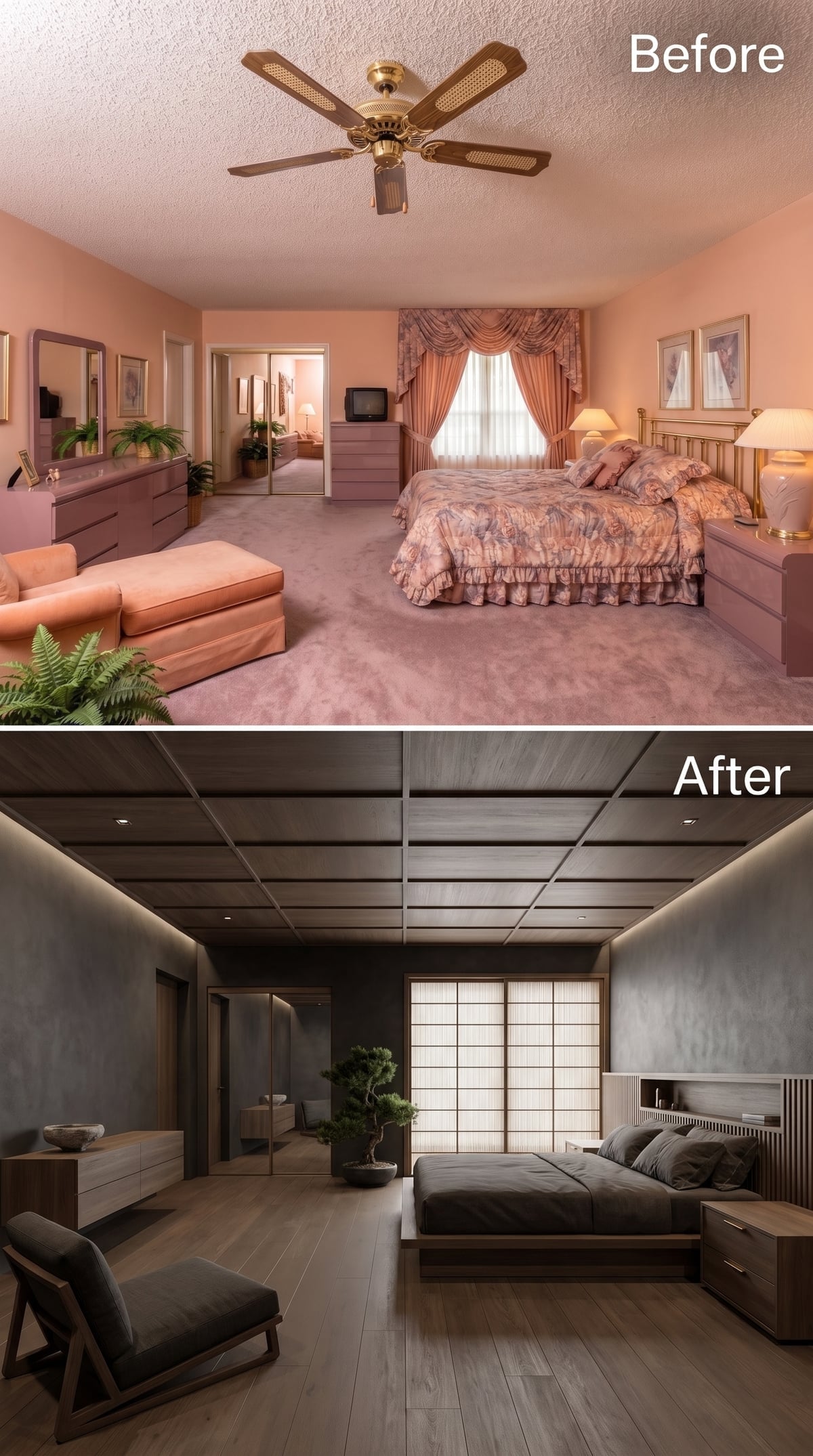 Dark Coffered Ceiling and Shoji Screens Carry a Bedroom Into Calm Japanese Minimalism