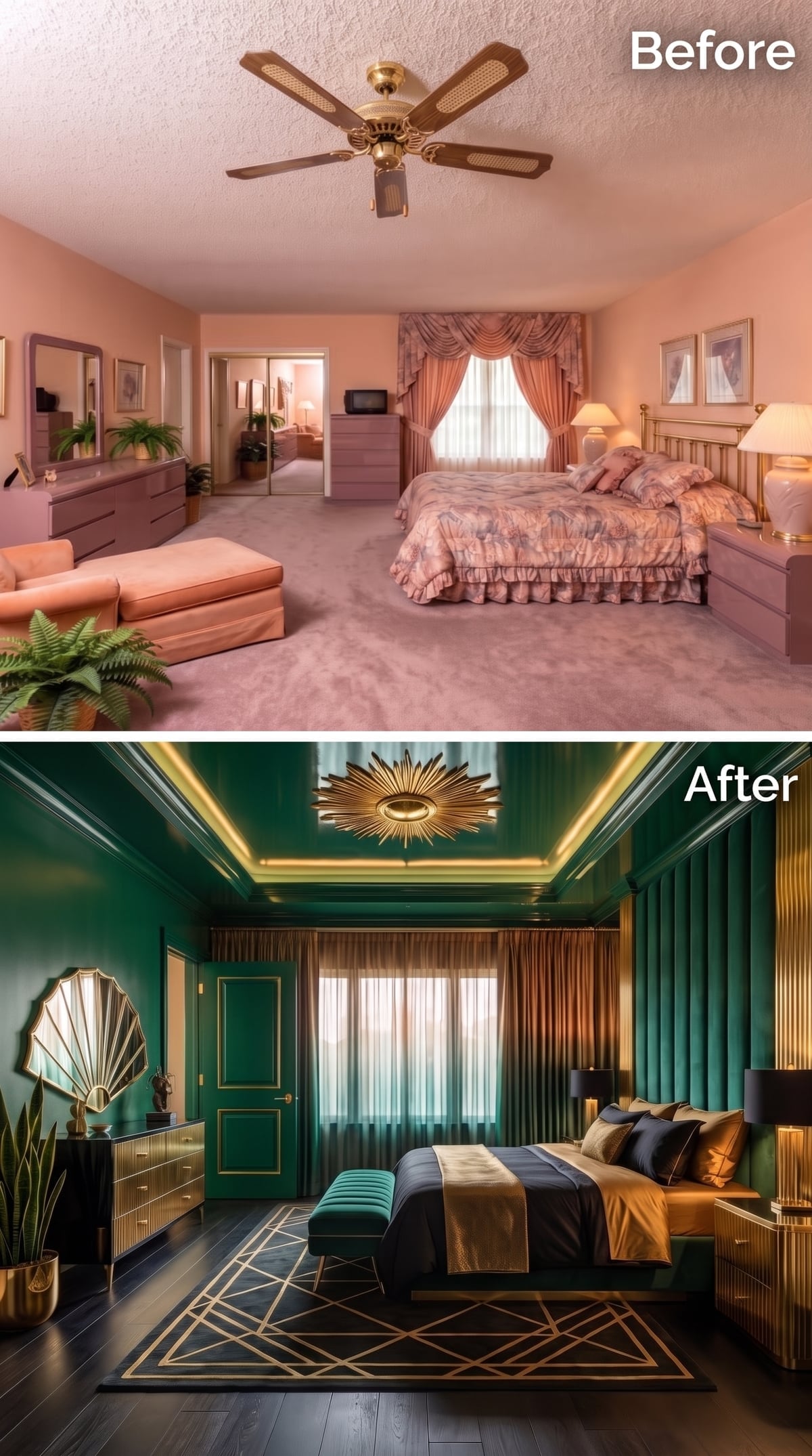 Emerald Lacquer Walls and a Sunburst Ceiling Medallion Pull a Bedroom Into Art Deco Territory