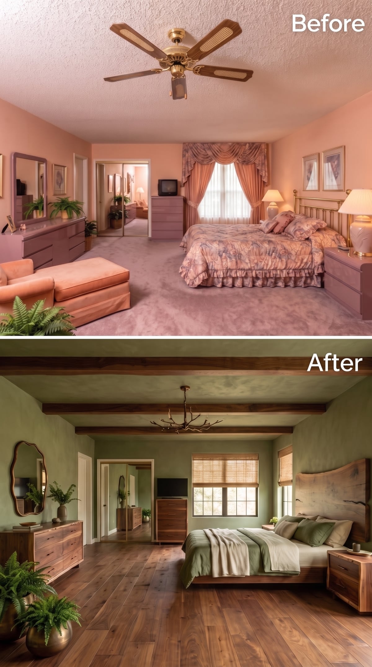 Exposed Beams, Sage Walls, and Walnut Furniture Pull a Bedroom Into Earthy Confidence