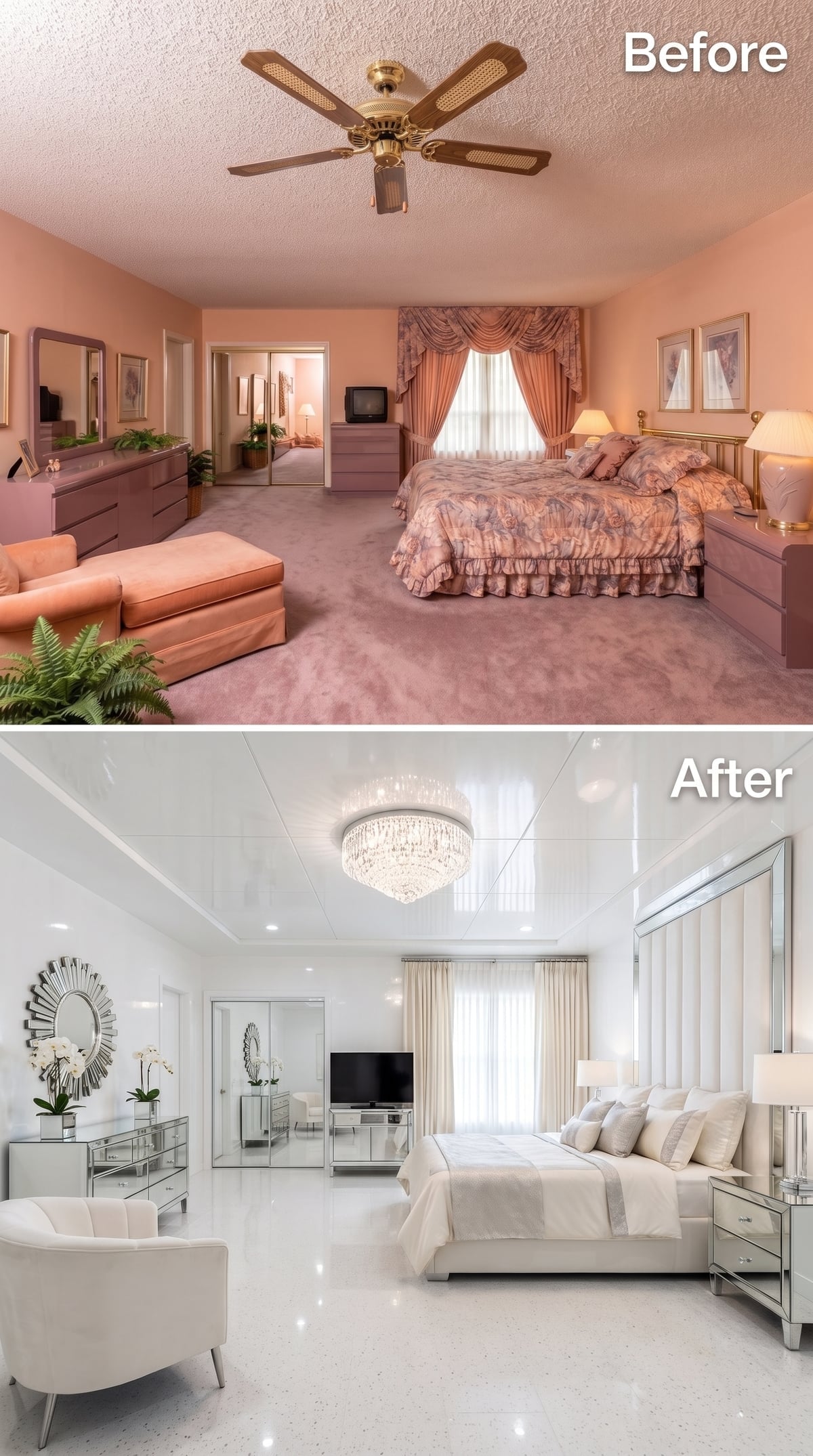 Glossy White and Crystal Overhead Pull a Bedroom Into Pure Luminosity