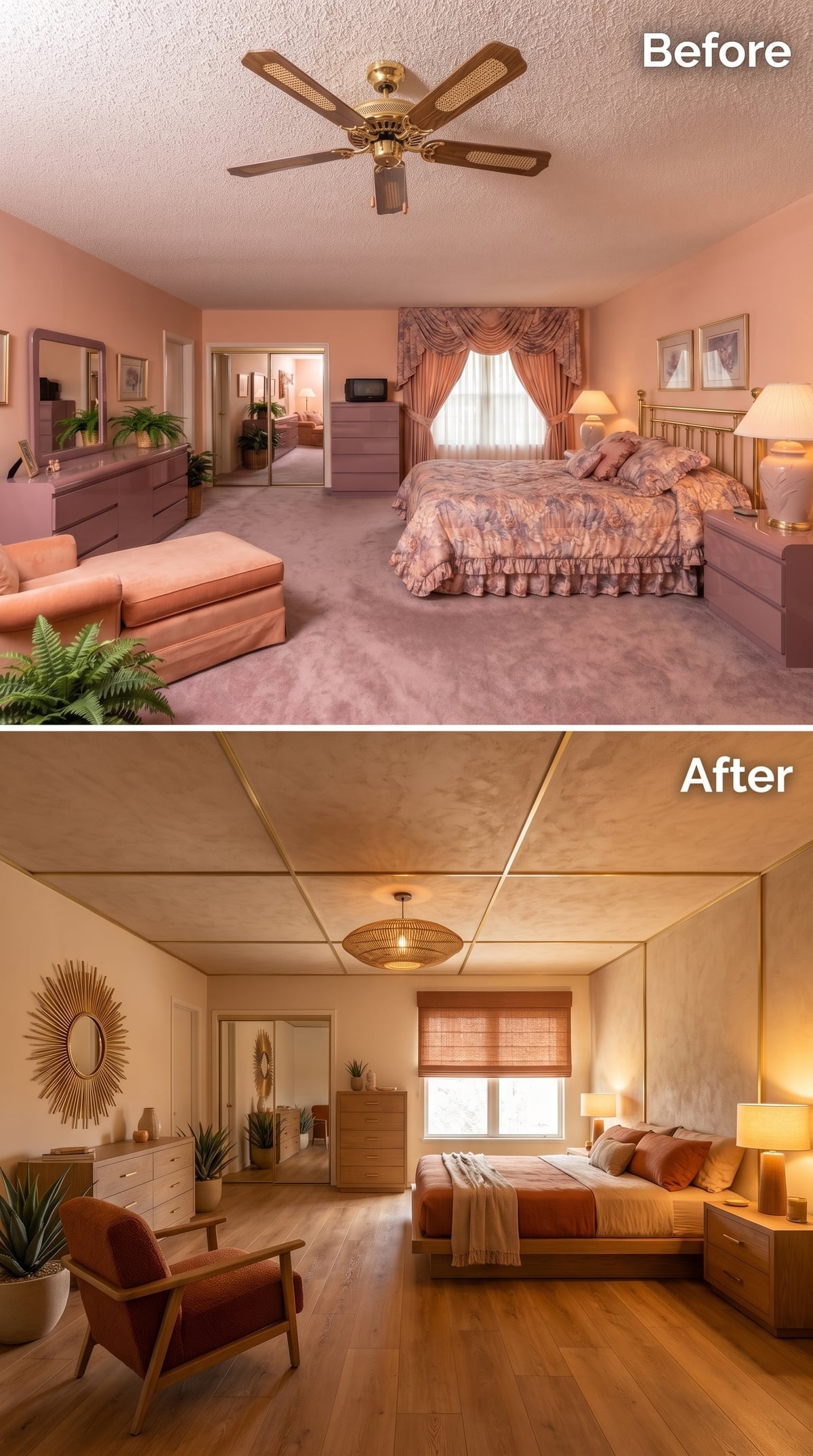 Gold-Trimmed Ceiling Panels and Warm Oak Floors Pull a Bedroom Into Earthy Modern Calm