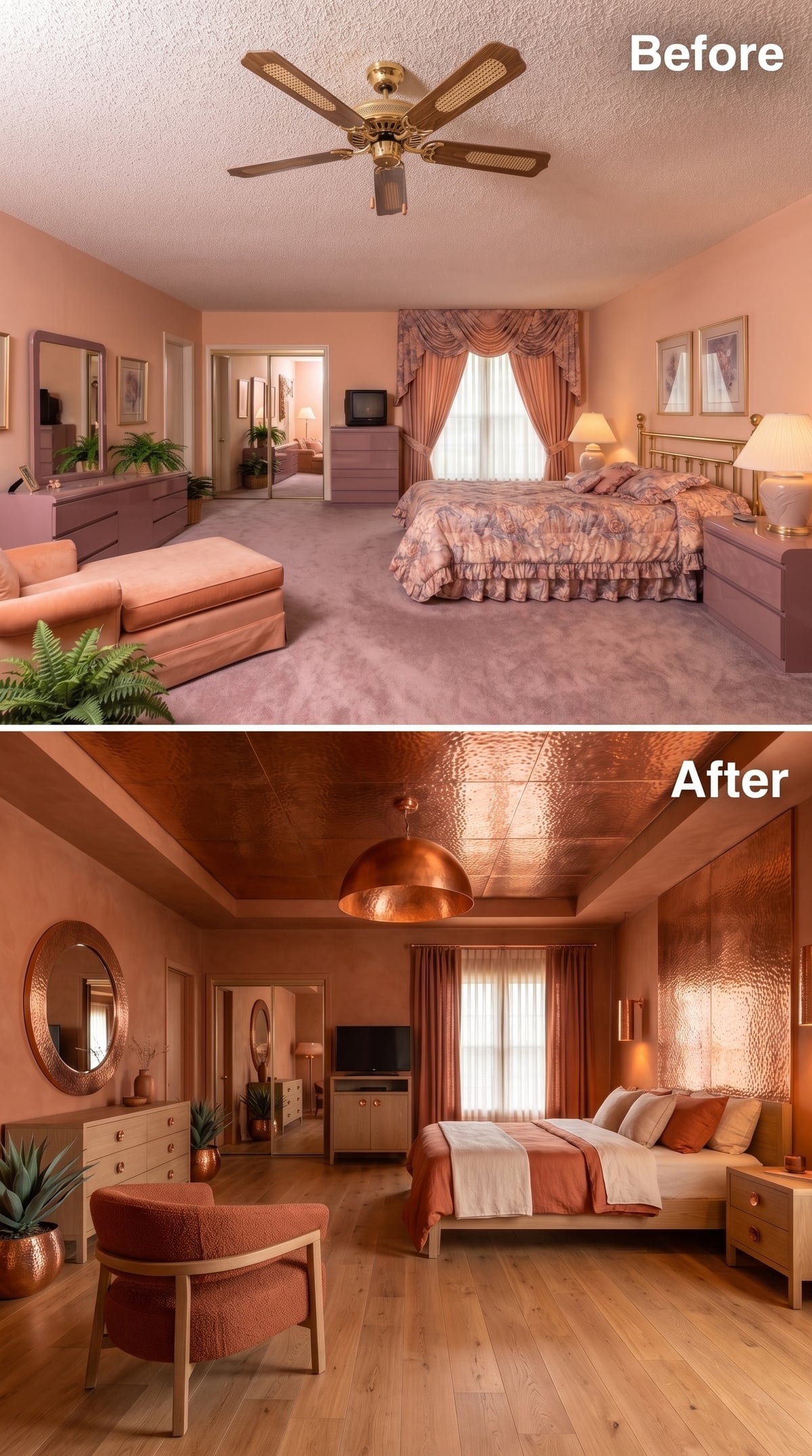 Hammered Copper Ceiling Panels and Hardwood Floors Pull a Bedroom Into Warm Industrial Territory