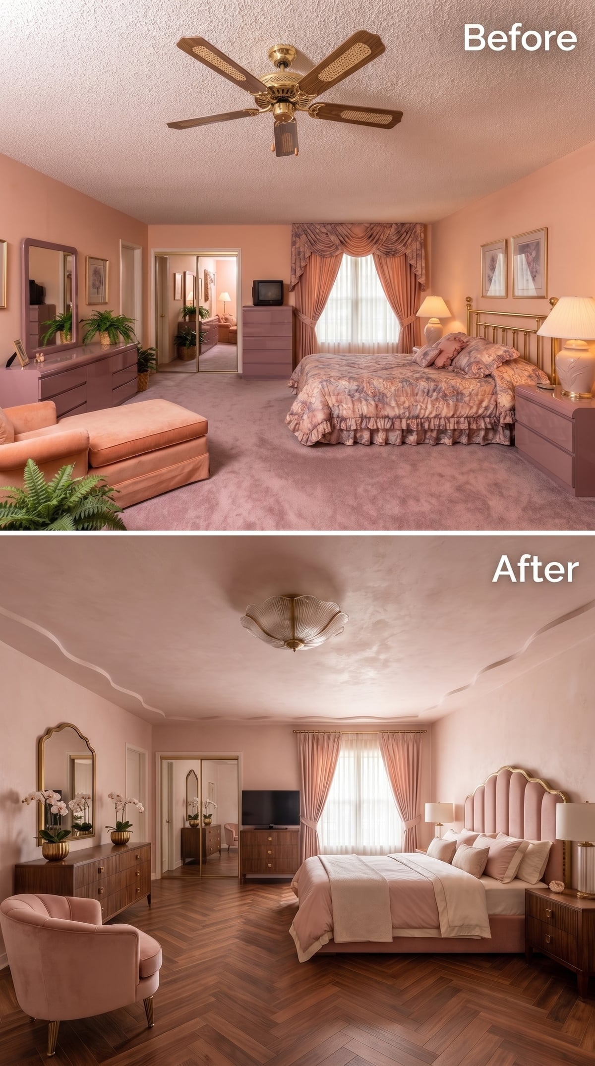 Herringbone Walnut Floors and a Velvet Headboard Recast This Suite in Blush and Gold