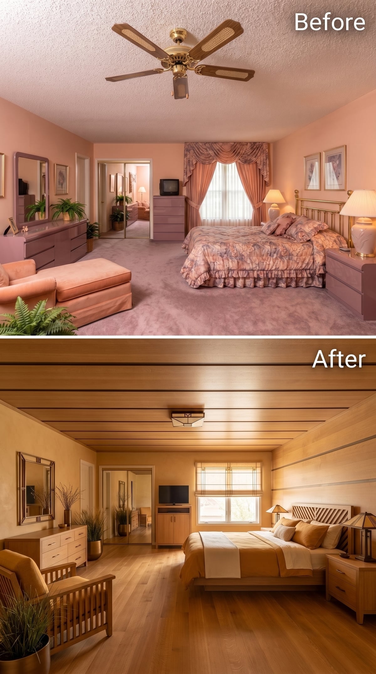 Horizontal Wood Planking and Honey-Toned Hardwood Carry a Bedroom Into Craftsman Territory