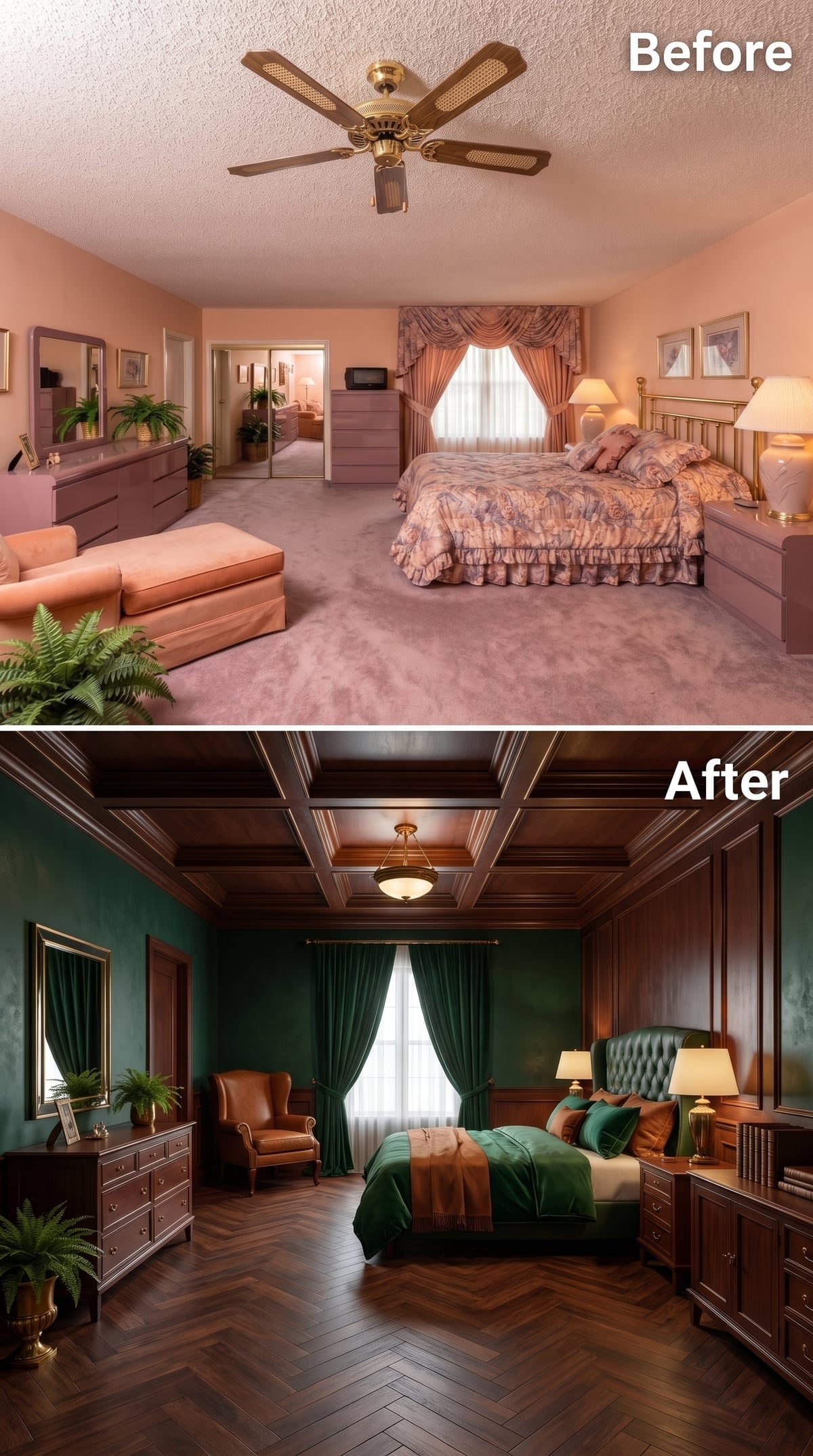 Mahogany Coffered Ceiling and Hunter Green Walls Pull a Bedroom Into Club-Room Territory