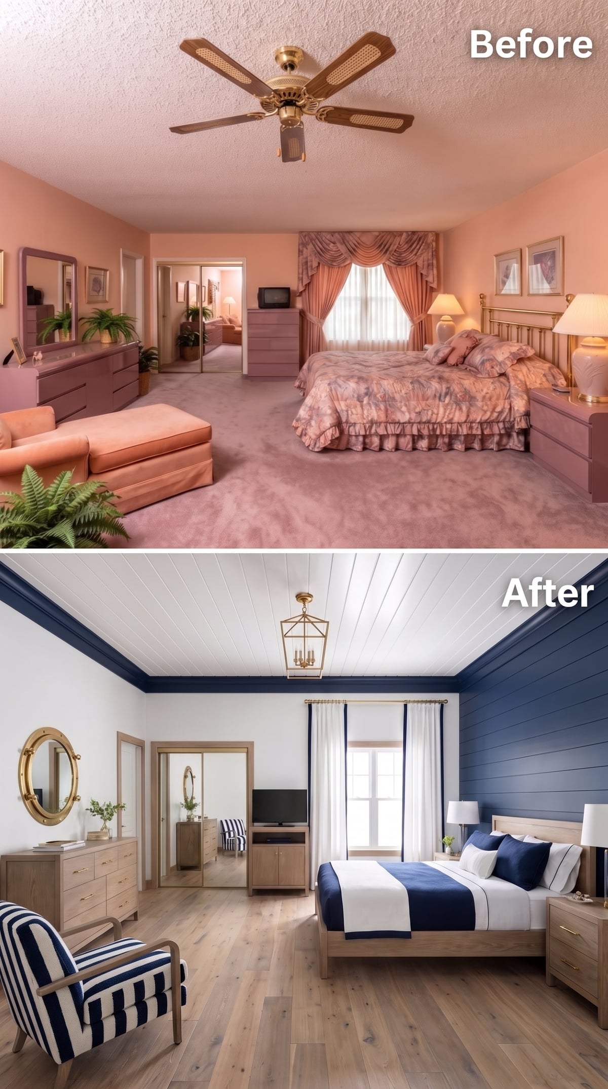 Navy Shiplap and Lantern Lighting Recast a Master Bedroom in Coastal Confidence