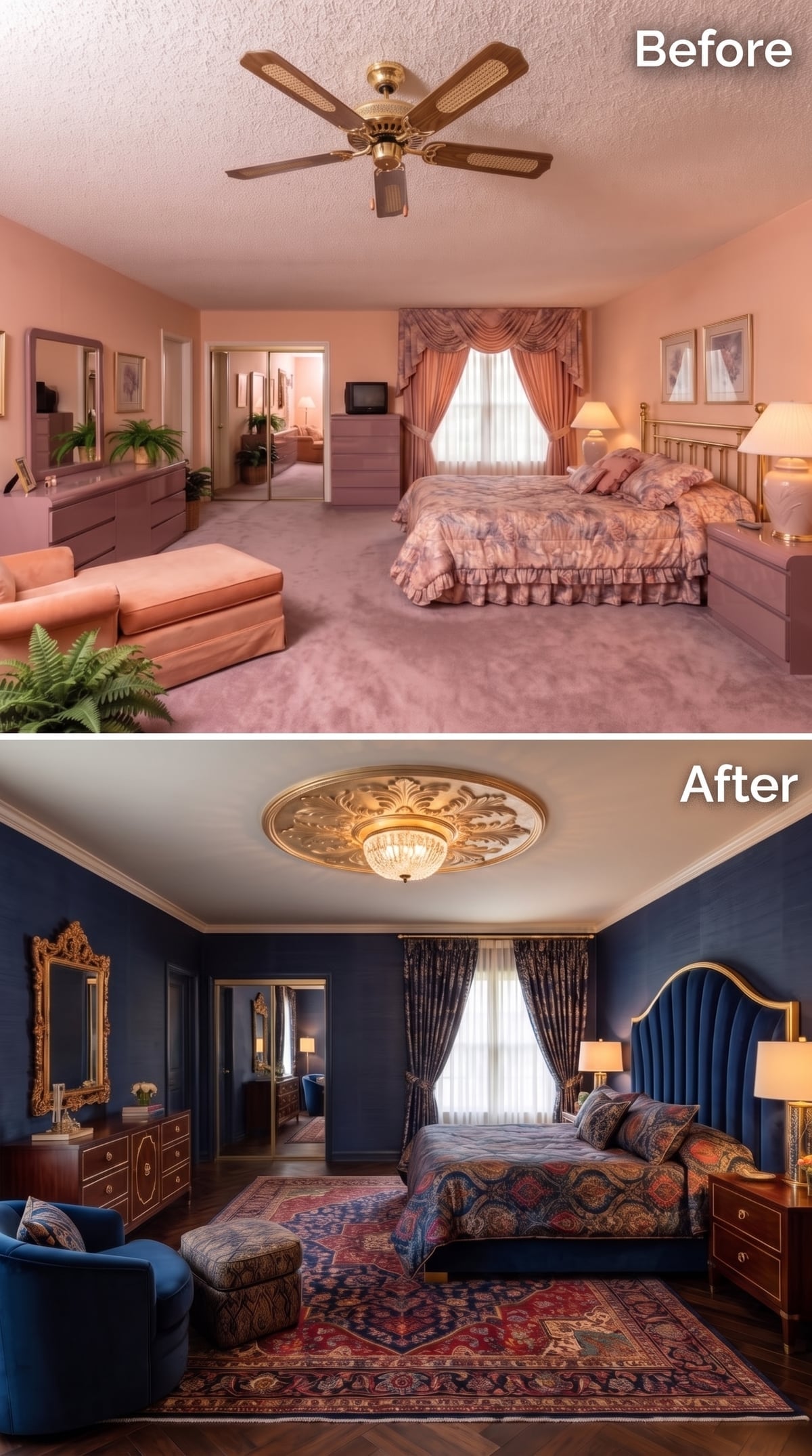 Navy Velvet, Gilded Plasterwork, and a Persian Rug Pull a Bedroom Into Old-World Grandeur