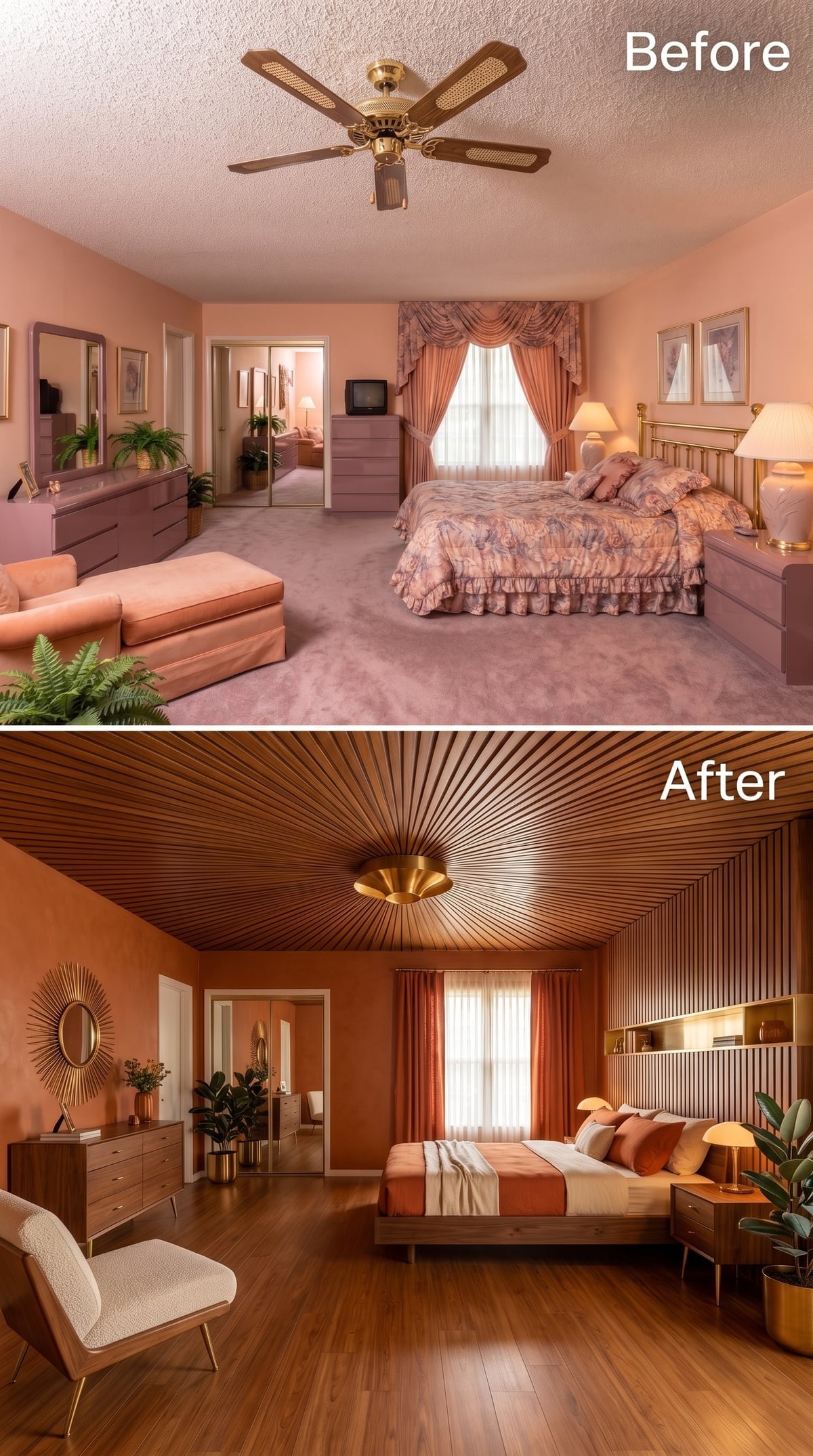 Radiating Wood Ceiling Panels and Terracotta Walls Give a Bedroom Something to Look Up To