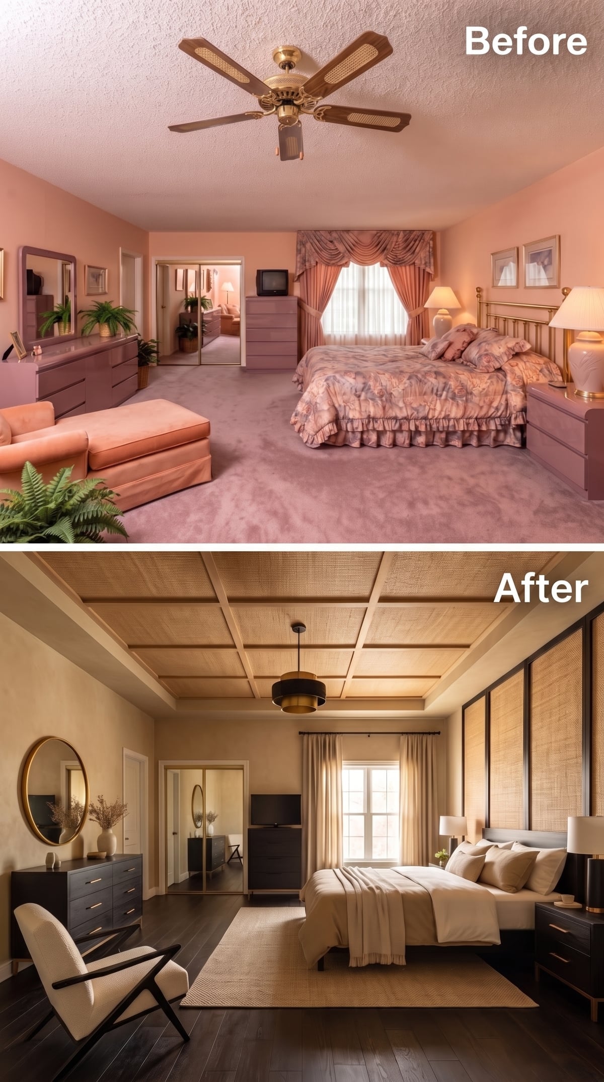 Raffia Ceiling Panels and Dark Furniture Pull a Bedroom Into Something Hotel-Serious