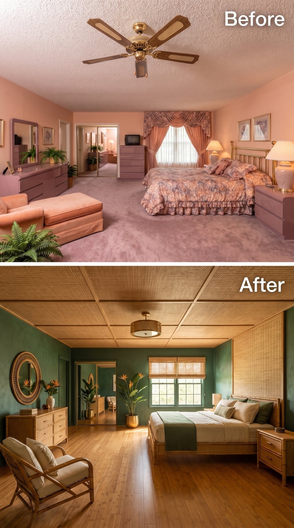 Rattan Ceilings and Deep Green Walls Give a Bedroom Its Tropical Backbone