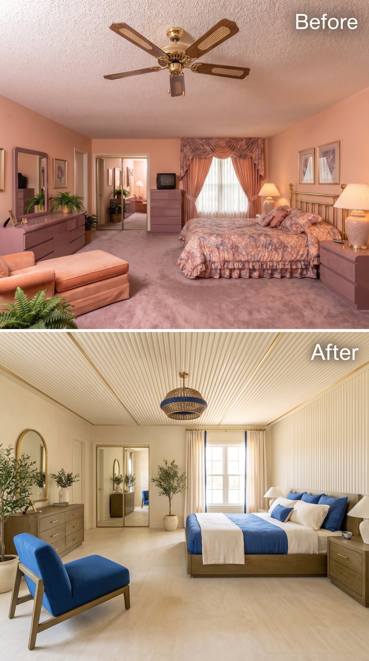 Ribbed Ceiling Panels and Cobalt Accents Carry a Bedroom Into Something Altogether Fresher