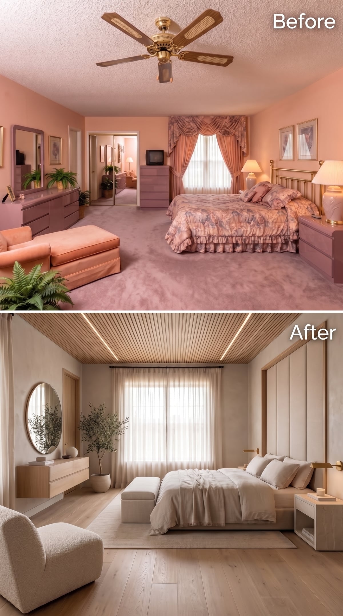 Slatted Wood Ceiling and Linen Neutrals Rebuild a Bedroom From the Ground Up