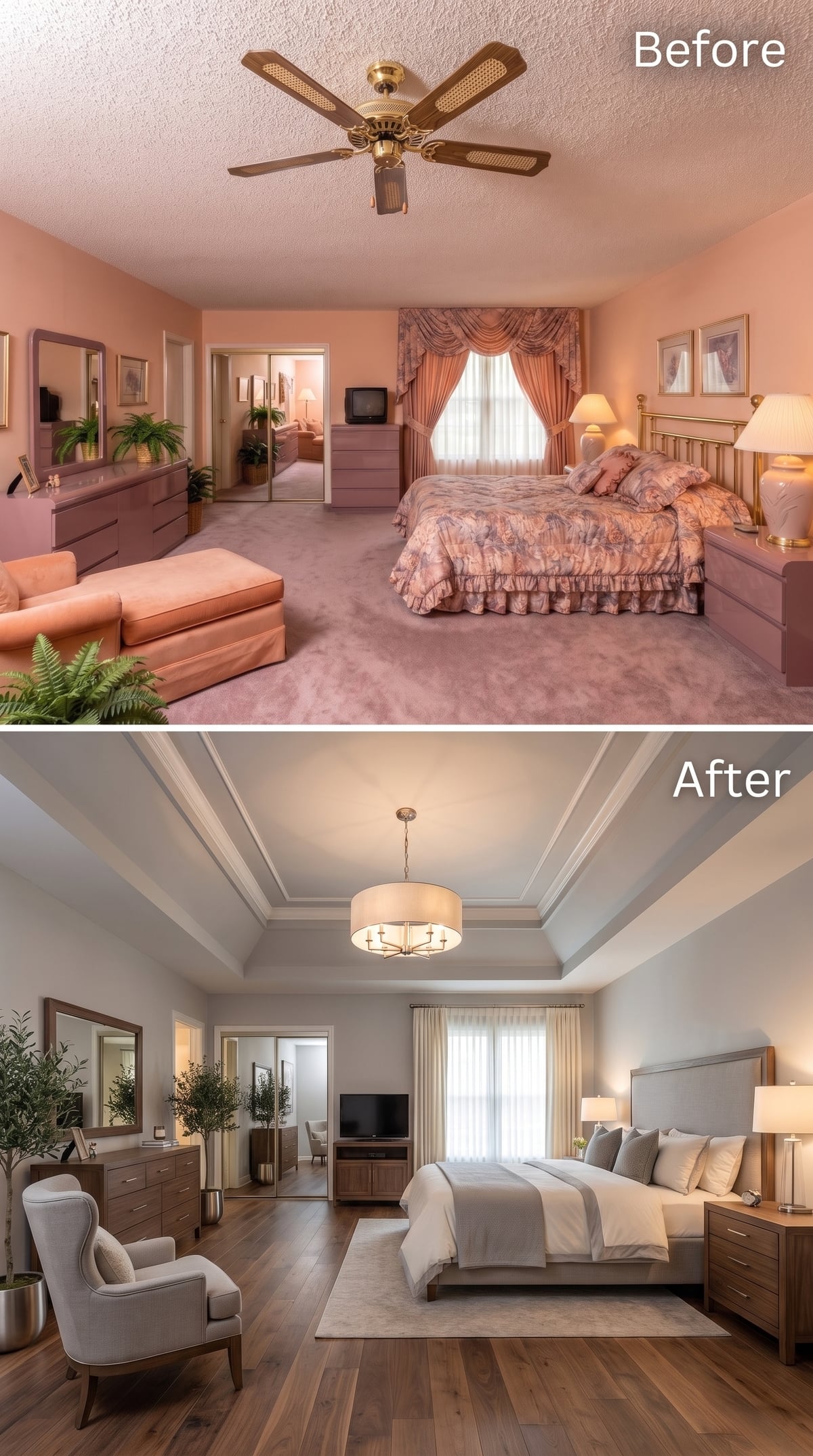 Tray Ceiling and Hardwood Floors Carry a Bedroom Into a Quieter, More Confident Era