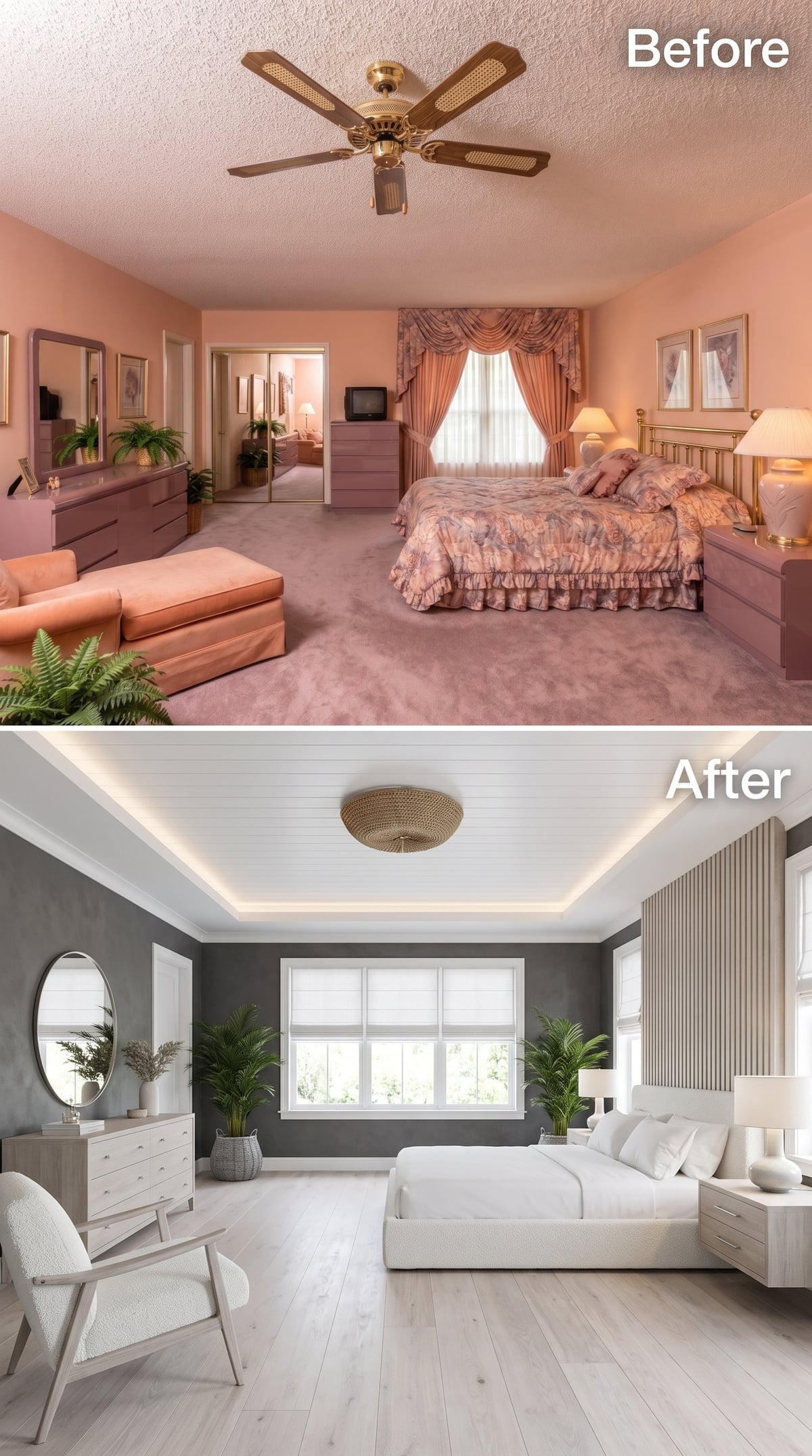 Tray Ceiling With Cove Lighting Gives a Bedroom Quiet Architecture to Organize Around