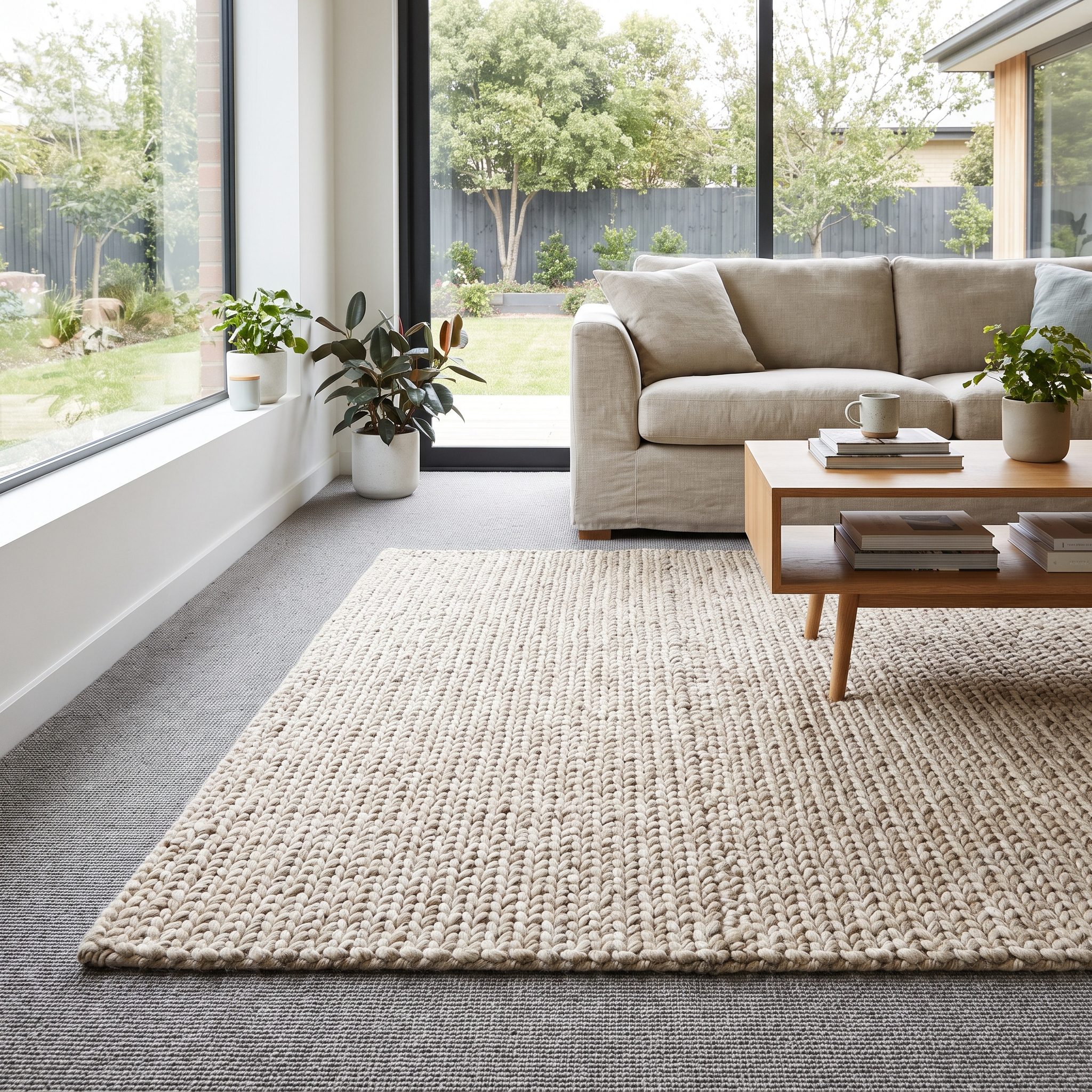 Living room with an ivory high-low wool rug over flat beige wall-to-wall carpet in front of a gray sofa