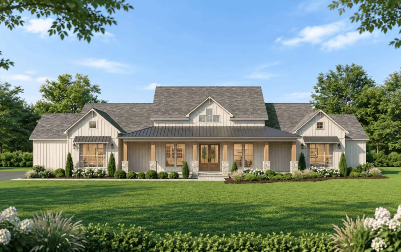 The Even Keel 4-Bedroom Modern Farmhouse with Covered Porch Designed for Families Who Always End Up Hosting Holidays (Floor Plan)
