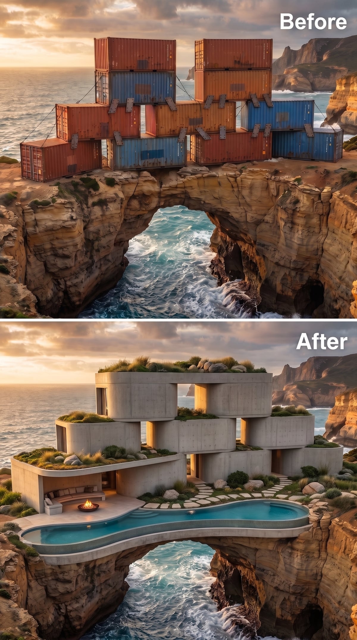 Brutalist Concrete Volumes Bridging a Sea Arch, Pool Wrapping the Cliff Edge