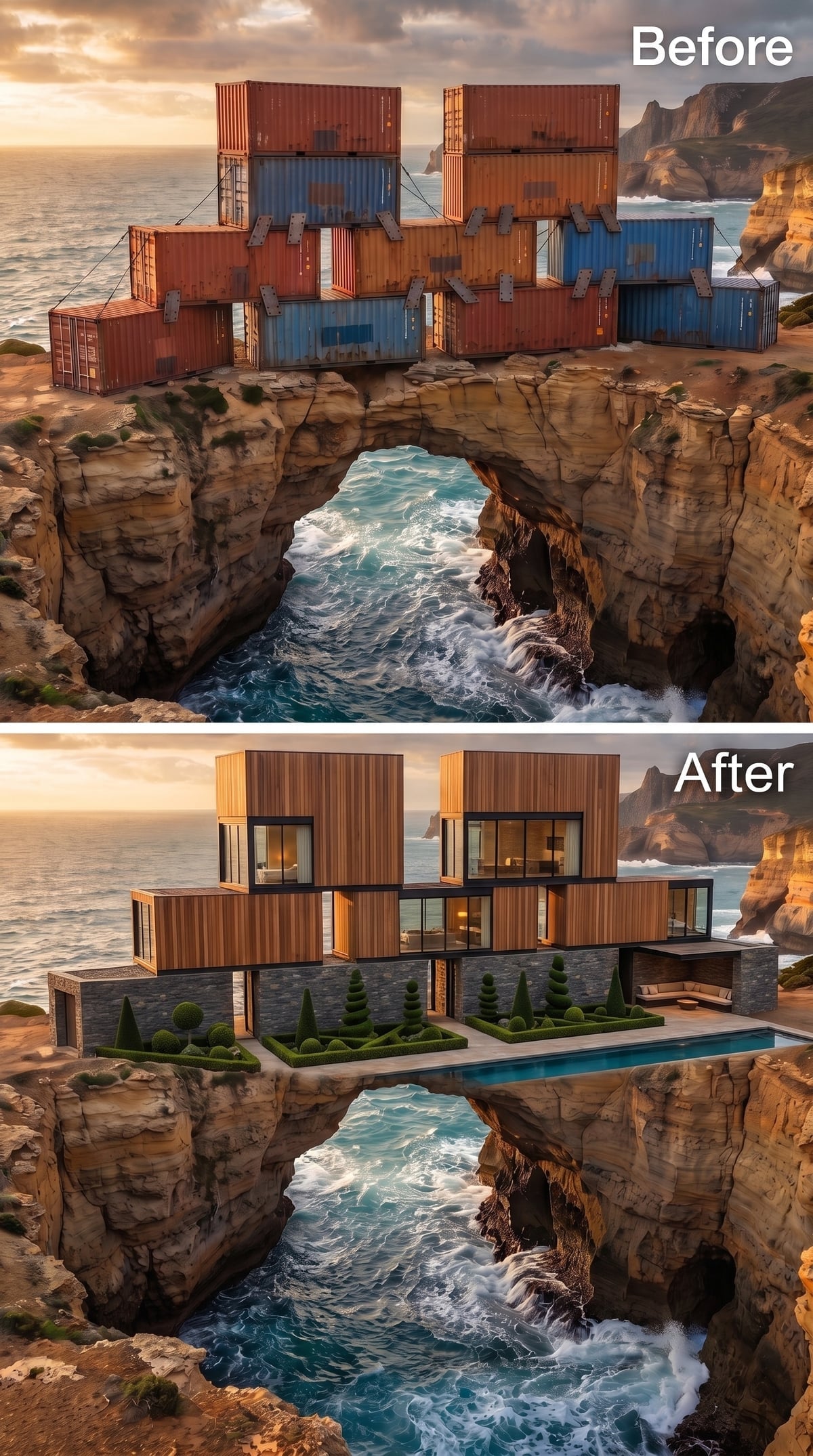 Cedar and Stone Volumes Bridging a Sea Arch, With a Formal Garden at the Cliff Edge