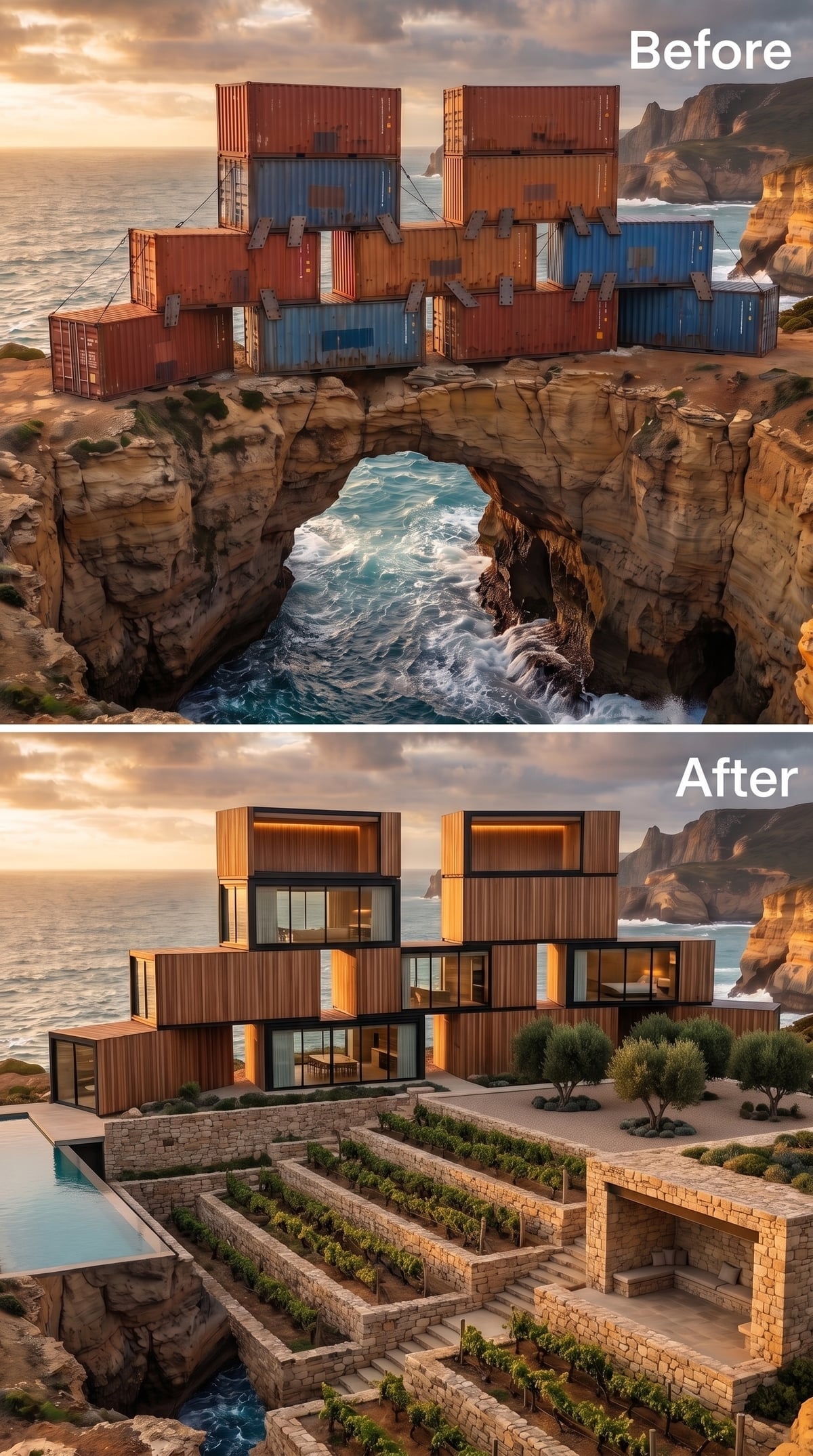 Cedar-Clad Modules Terraced Into a Sea Cliff, With a Stone Garden Anchoring the Base