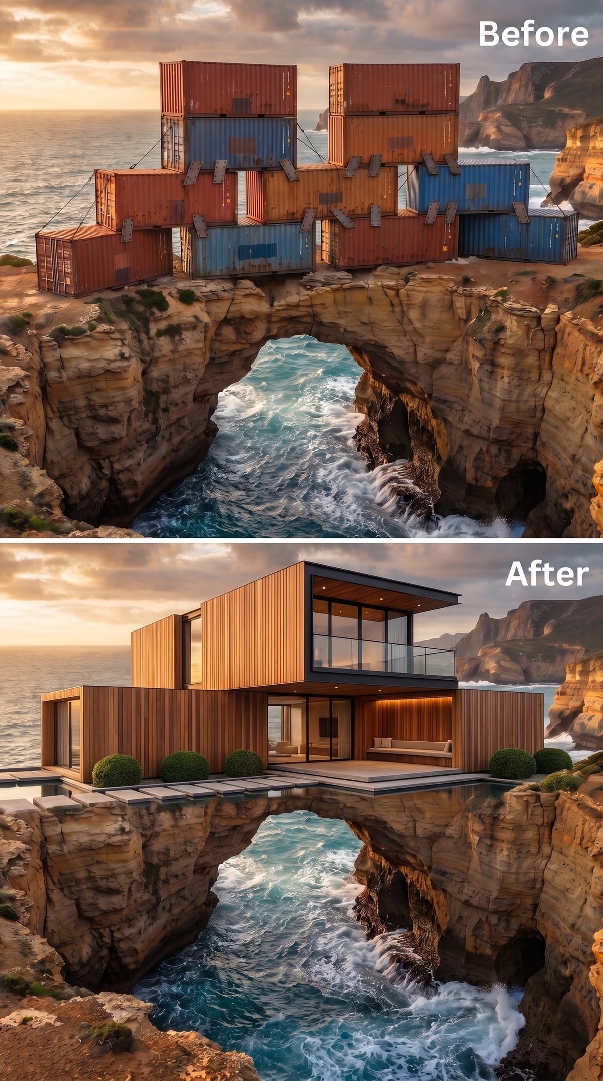 Cedar-Clad Volumes Spanning a Sea Arch, Terrace Open to the Cliff Edge