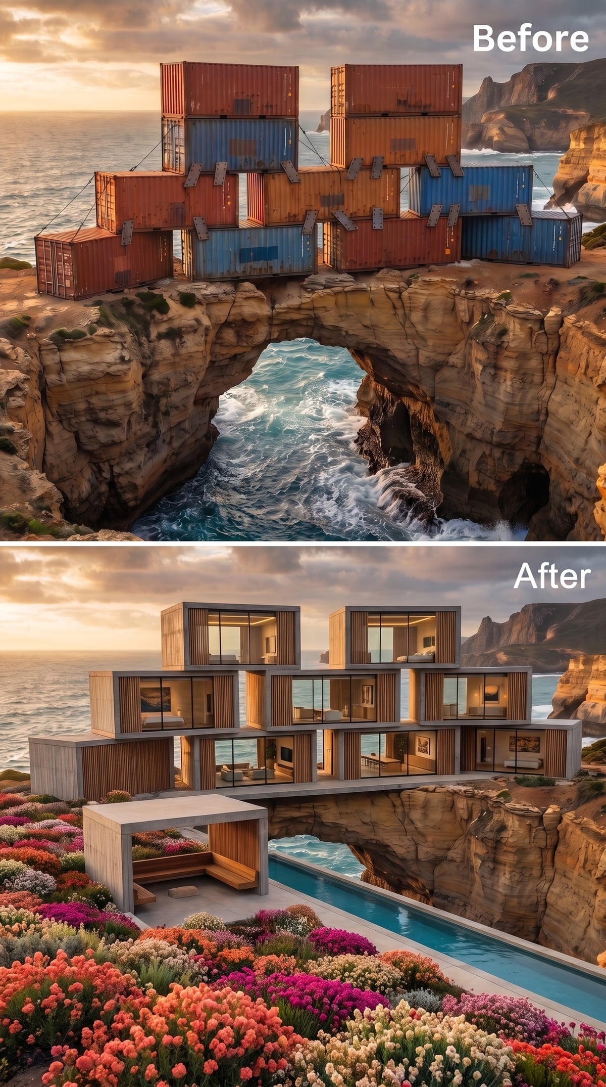 Cedar-Wrapped Volumes Stacked Over a Sea Arch, Wildflower Garden Terracing the Cliff