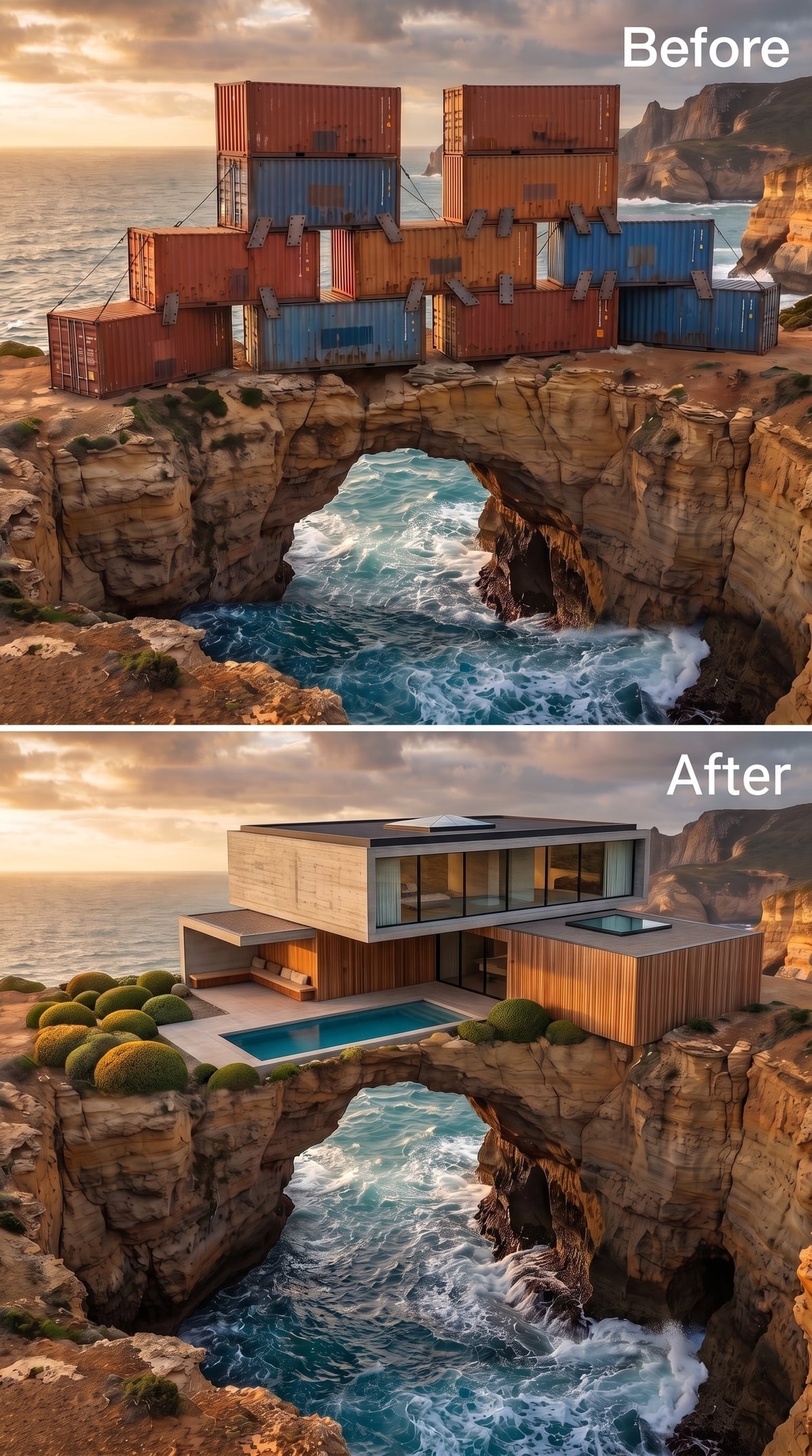 Concrete and Cedar Volumes Over a Sea Arch, With a Cliff-Edge Pool