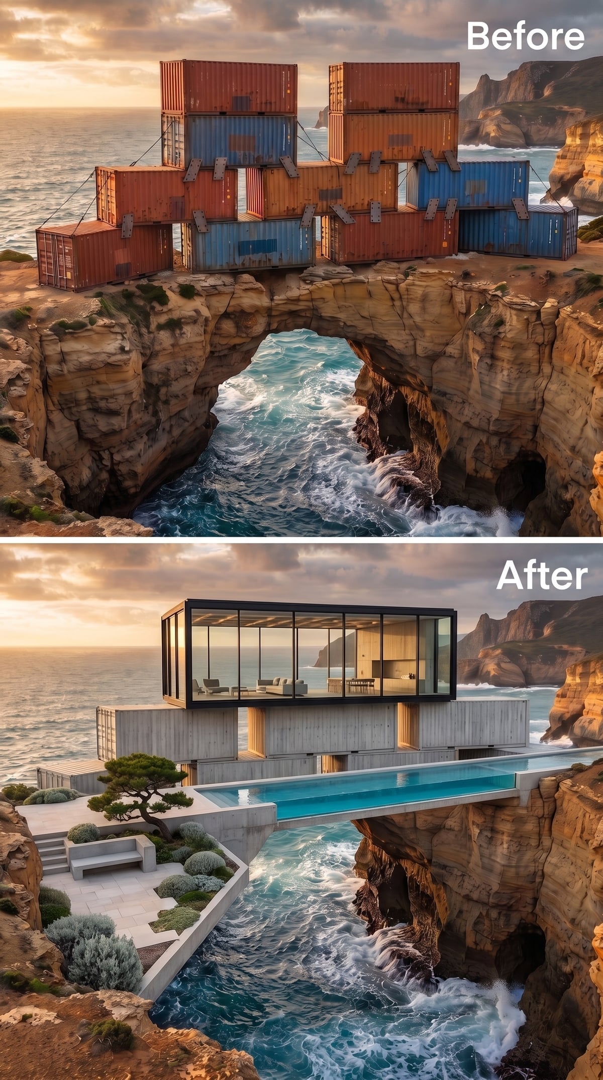 Concrete and Glass Cantilevered Over a Sea Arch, Pool Bridging the Cliff Gap